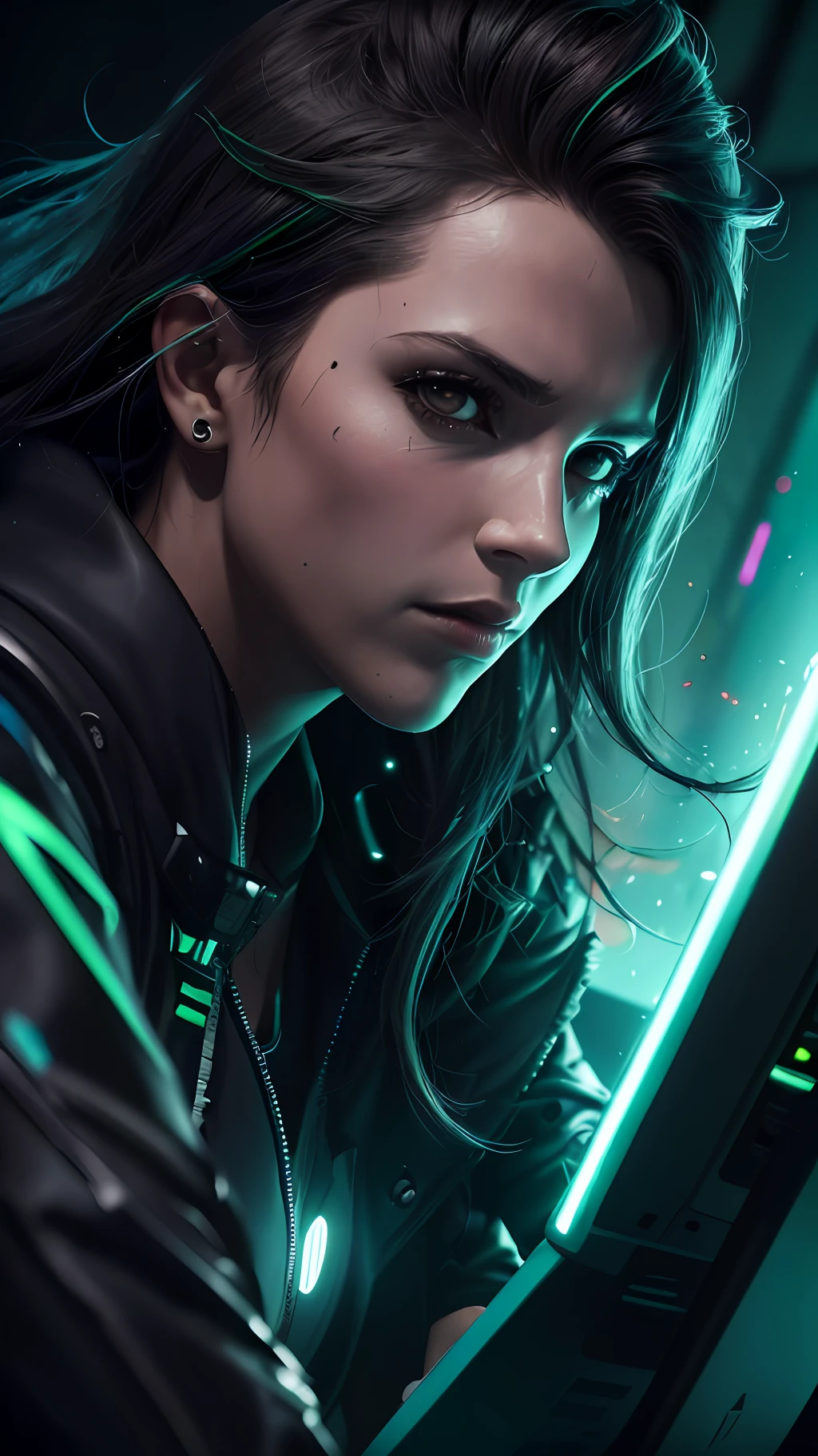 Badass👑, Cyberpunk Preto e Verde, Homem encapuzado, lobo, Olhos roxos com laptop, fundo neon preto, Epic lighting, Photography Lighting, reflection mapping, ultra detalhado, fotorrealista, cinemactic, movie quality rendering, vfx post production, rtx ray tracing lighting, atmosfera mal-humorada, Sombra