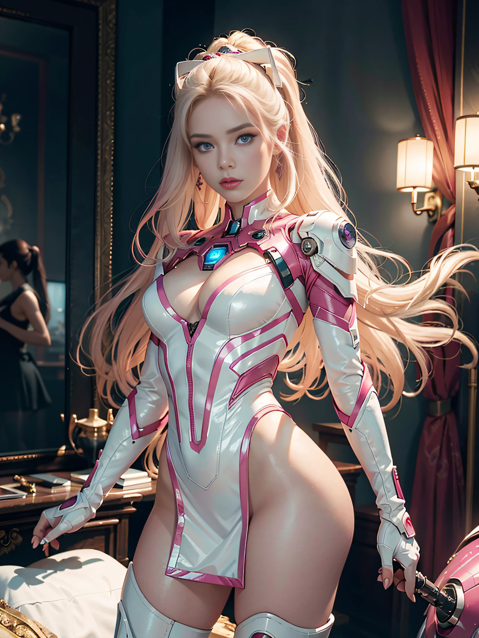 RAW,tmasterpiece,ultra fine photos,,best qualtiy,超高分辨率,Photoreality,rays of sunshine,full-body portraits,stunningly beautiful,,dynamicposes,delicated face,vibrant eyes,(seen from the side),She wears a futuristic Iron Man mech,Pink mech,cabellos largos dorados,barbiecore,white skinned,eBlue eyes,detailed face with,Pink fantasy props,opulent,milkyW,Highly detailed skin,Realistic details of skin,Visible Pore,tack sharp focus,volume fog,8k uhd,digital SLR camera,high qulity,filmgrain,White skin of the,photo-realism,lomography , look from down, semi transparent