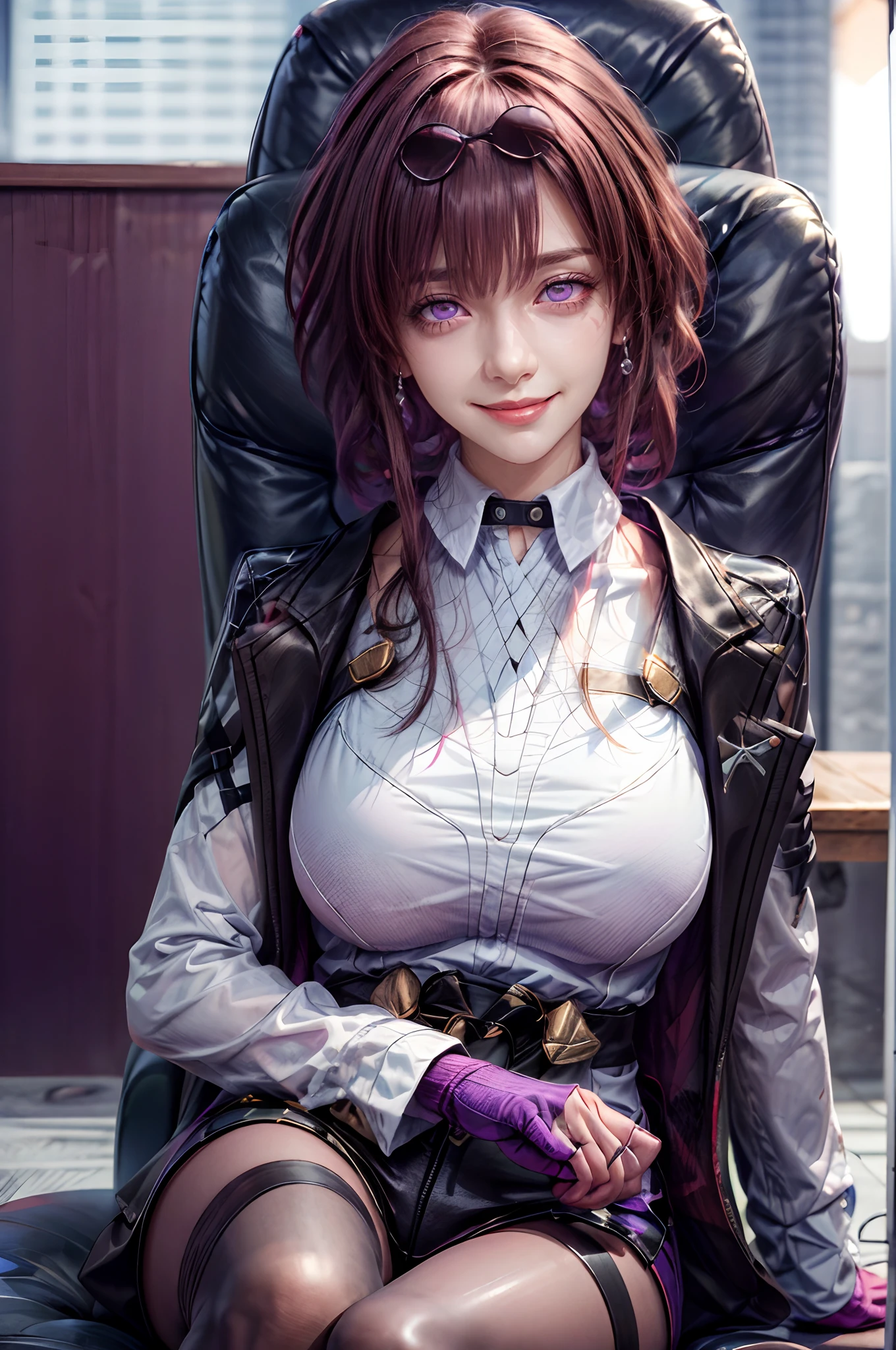 Ultra realistic illustration, (1girl), official, ((purple eyes)), (purple hair), eyewear on head, white shirt, black jacket, jacket on shoulders, shirt, pantyhose, boots, sit on chair, crossed legs, dynamic pose, large breasts, (gigantic breasts:1.5), (evil smile:1.5), hyperrealistic, dramatic, pixabay, 8k, vivid, cinematic lighting, (extremely detailed), (depth of field:1.5), medium full shot