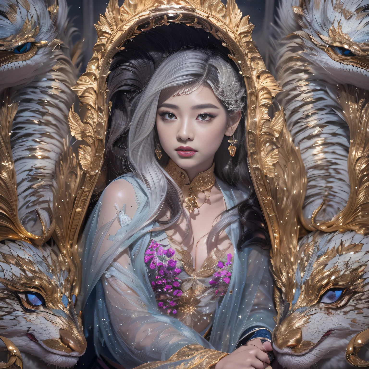 16k（tmasterpiece，k hd，hyper HD，16k）short detailed hair，Gold jewelry area in the back room，King Girl ，Silver Dragon Protector （realisticlying：1.4），Python pattern robe，Purple-pink tiara，Snowflakes fluttering，The background is pure，Hold your head high，Be proud，The nostrils look at people， A high resolution， the detail， RAW photogr， Sharp Re， Nikon D850 Film Stock Photo by Jefferies Lee 4 Kodak Portra 400 Camera F1.6 shots, Rich colors, ultra-realistic vivid textures, Dramatic lighting, Unreal Engine Art Station Trend, cinestir 800，Hold your head high，Be proud，The nostrils look at people