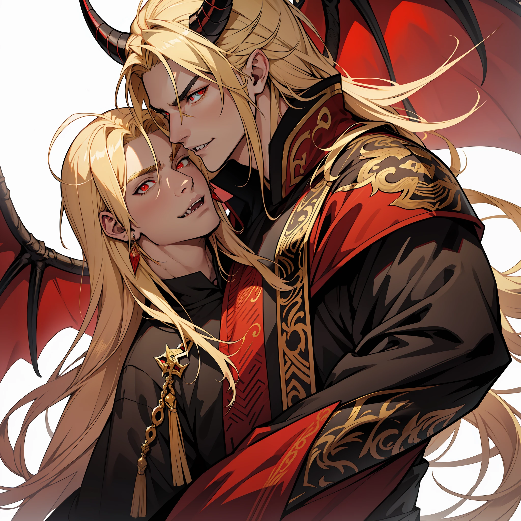 Dragon with black scales and long talons. Horns. Golden eyes. Huge wings. soft eyes. Dragon in human form. Lomg hair. Blonde hair. Red eyes. Roman nose. Fangs. Soft expression. Soft look. Tall muscular male.