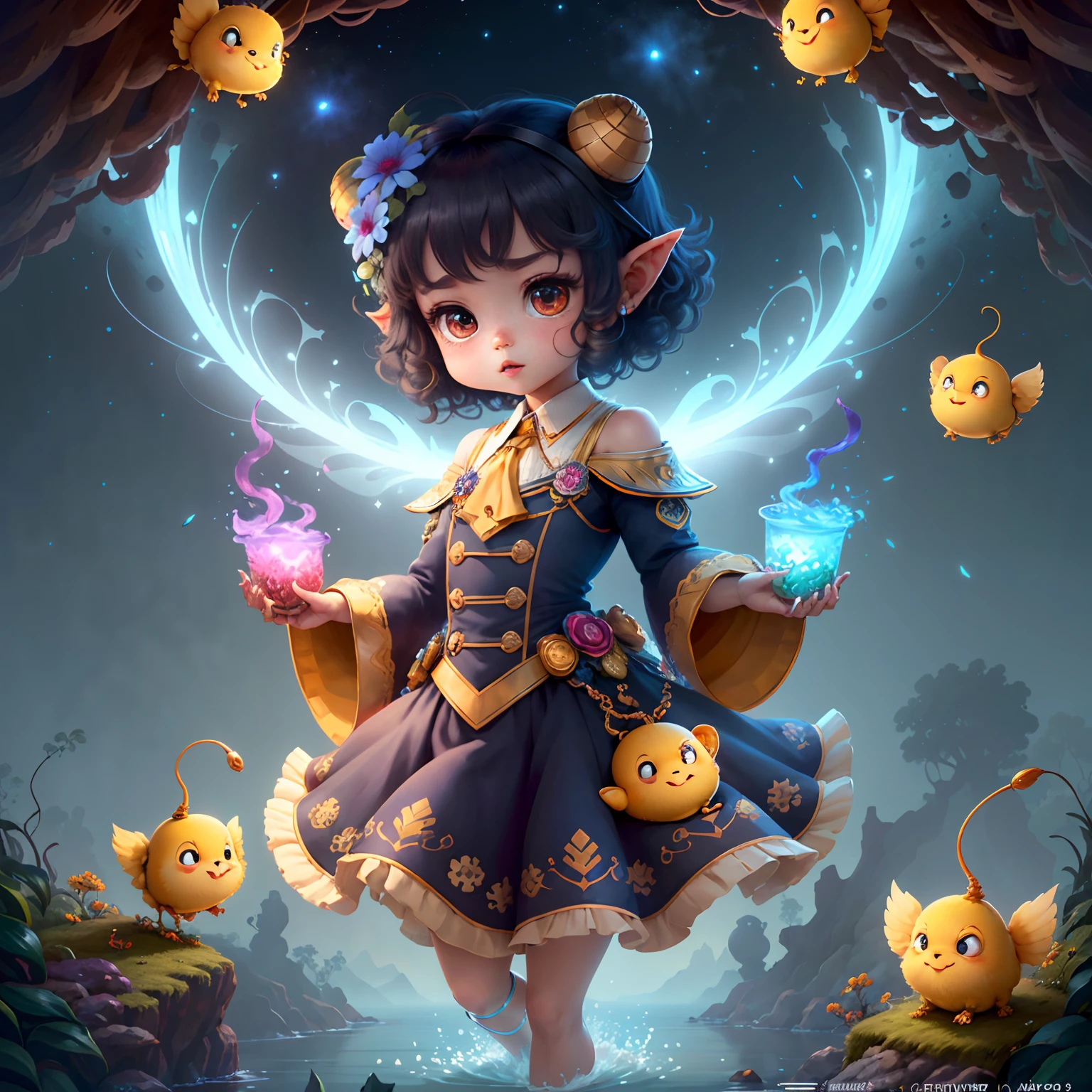 (extremely cute and delicate CG illustration, ultra-detailed and ultra-high quality), best illumination, best shadow, an extremely cute and adorable cu73cre4ture (agama), with big round eyes and a small cute mouth, small horns on its head, vibrant and vivid colors, dynamic angle, dynamic pose, floating, in a magical and enchanting place, with lush vegetation and vibrant flowers.