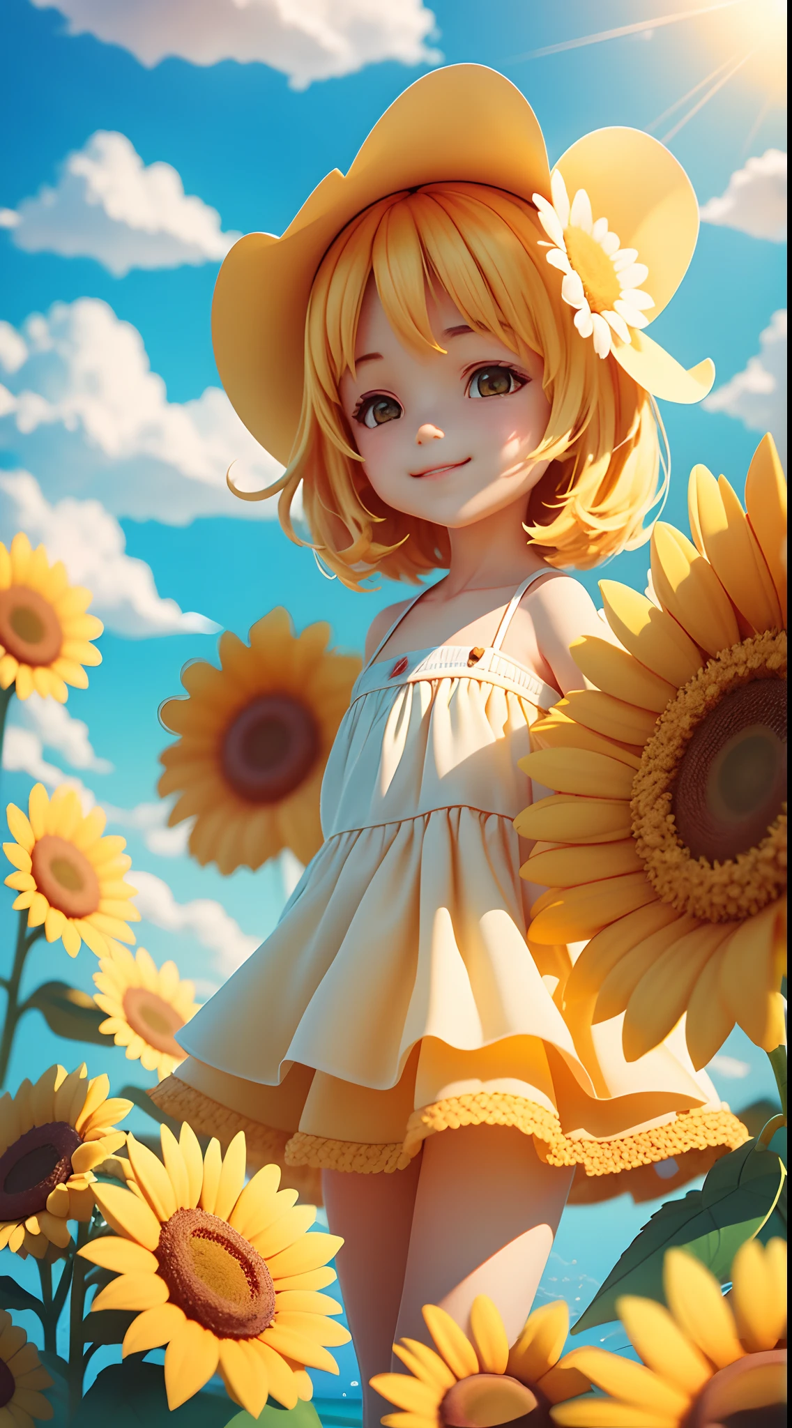 Summer clouds, sun flowers frames the image, symmetric composition, sunny weather ,sky, sunny, colorful, happy and happy summer vacation, simple picture, close-up, brilliant sunshine, distant waves, visual impact, 3D DreamWorks style,