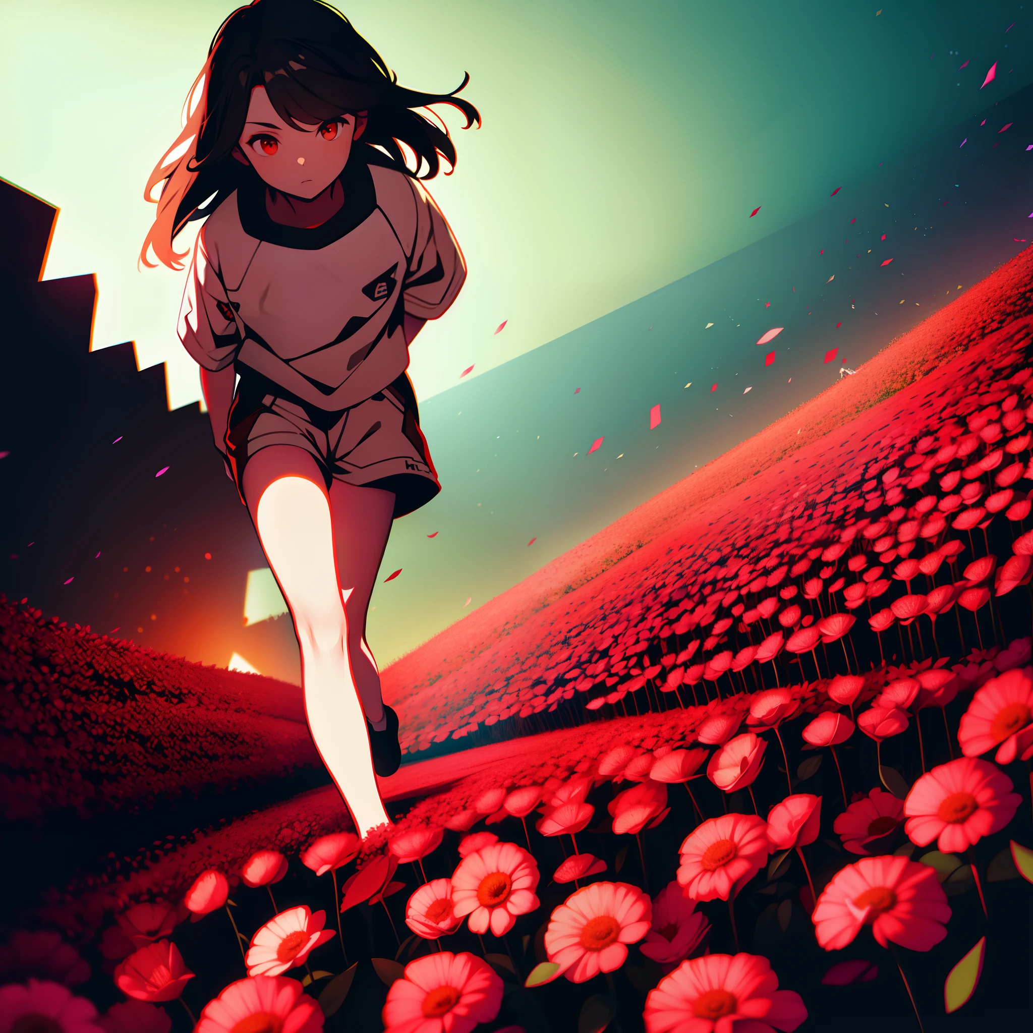 A brown-haired,white skinned,Red eyes,brown shorts,In a sea of flowers,Run