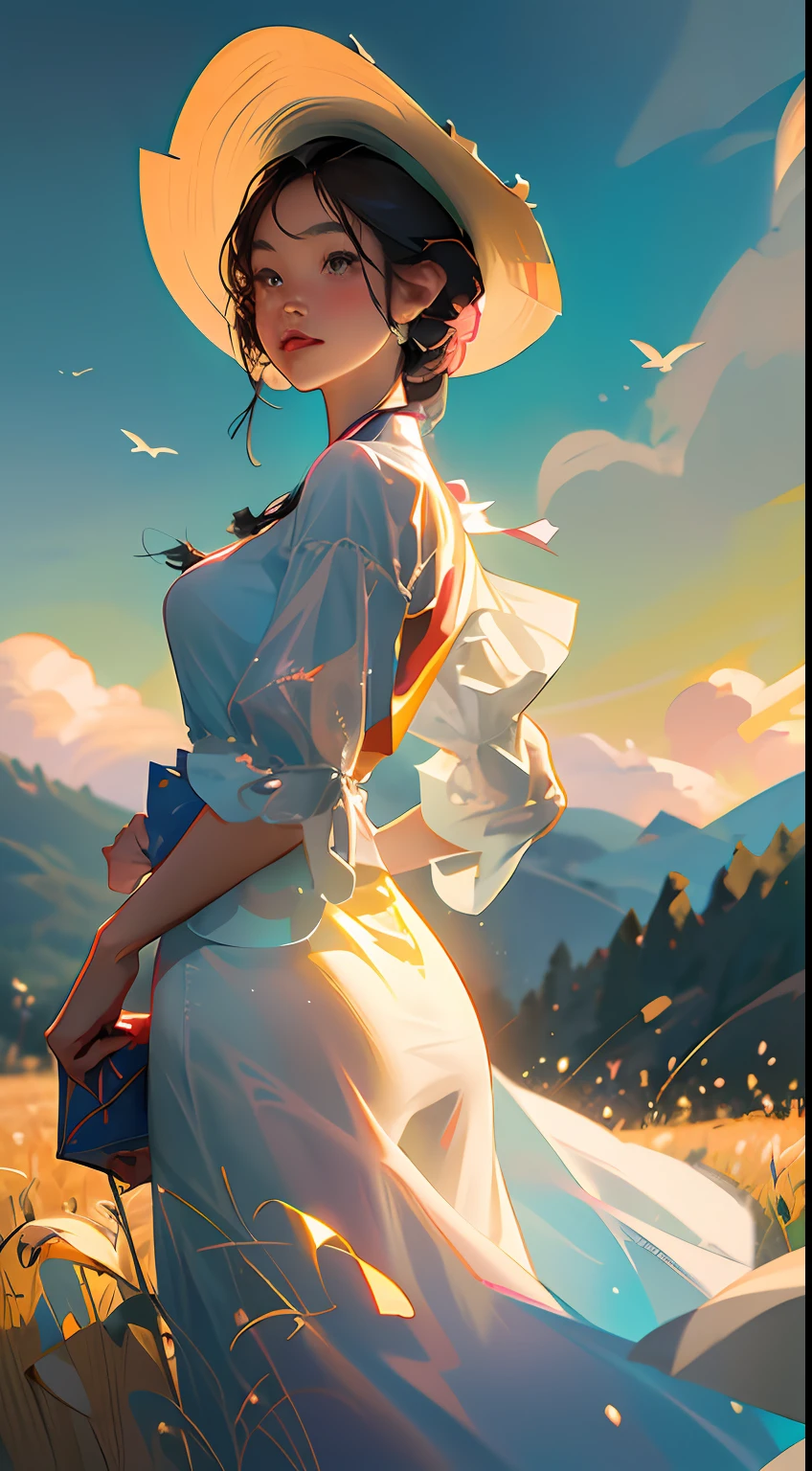 A sunhat(Chinese girl:1.2)standing in a wheat field,Faraway view,(Extremely delicate and perfect depiction of the face),(Wearing a gorgeous pink cheongsam:1.2),on cheongsam,Lightweight silk fabric,(Long black hair),Long silky hair,The middle and close-up view is an endless golden wheat field,blue-sky,Rolling white clouds,The vistas are trees and birds,Rice fields,There are neat rice seedlings in the field,ln the forest,hillside,Quiet,(The setting sun shines obliquely through the clouds),(Extremely detailed picture depiction),high definition detail、Hyper-detailing、cinematic ligh、ultra-realistic realism、Soft light、Deep field focus bokeh、Ray tracing and surrealism,Strong color contrast effect,(octanerender),(8k wallpaper),(Noticeable light and shadow effects),(Light particle tracing),(White balance),(cinmatic lighting),(Masterpiece),(Master painting),realisticlying