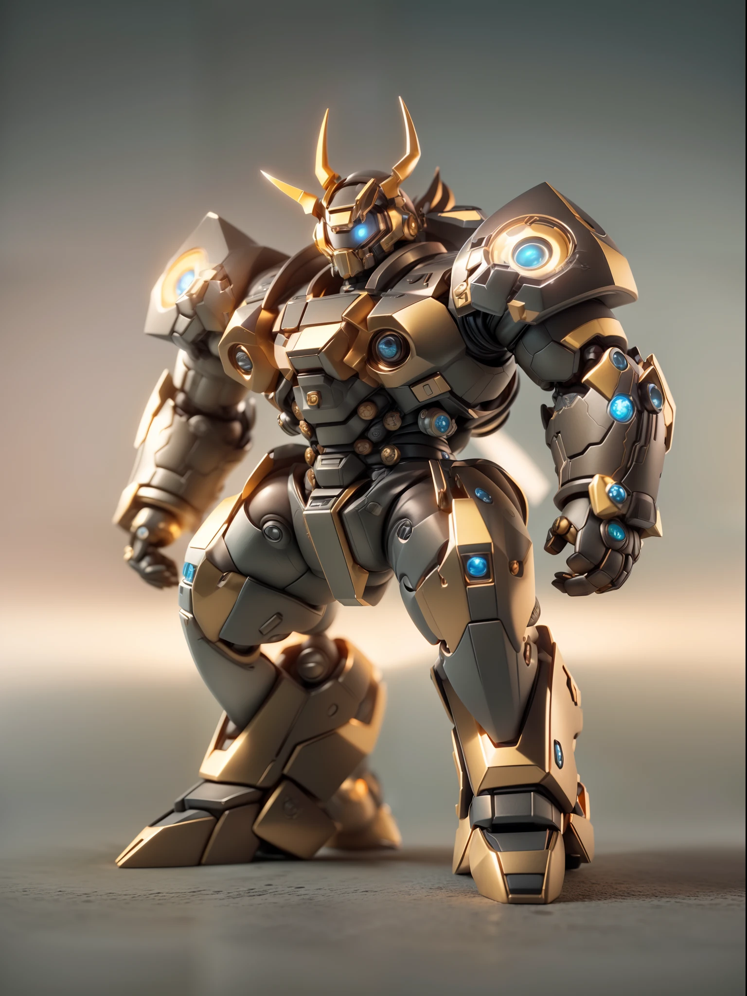 (Blind box toy style:1.3),((Full body shot))(anthropomorphism) , (1 strong bull mecha warrior)(((solo))) metal mecha,dreamy glow, Clean dark background,Brown gold style，(circular base）( Global illumination, Ray tracing, hdr, unreal render,reasonable design, high detail, Masterpiece, Best quality, hyper HD, Cinematic lighting)