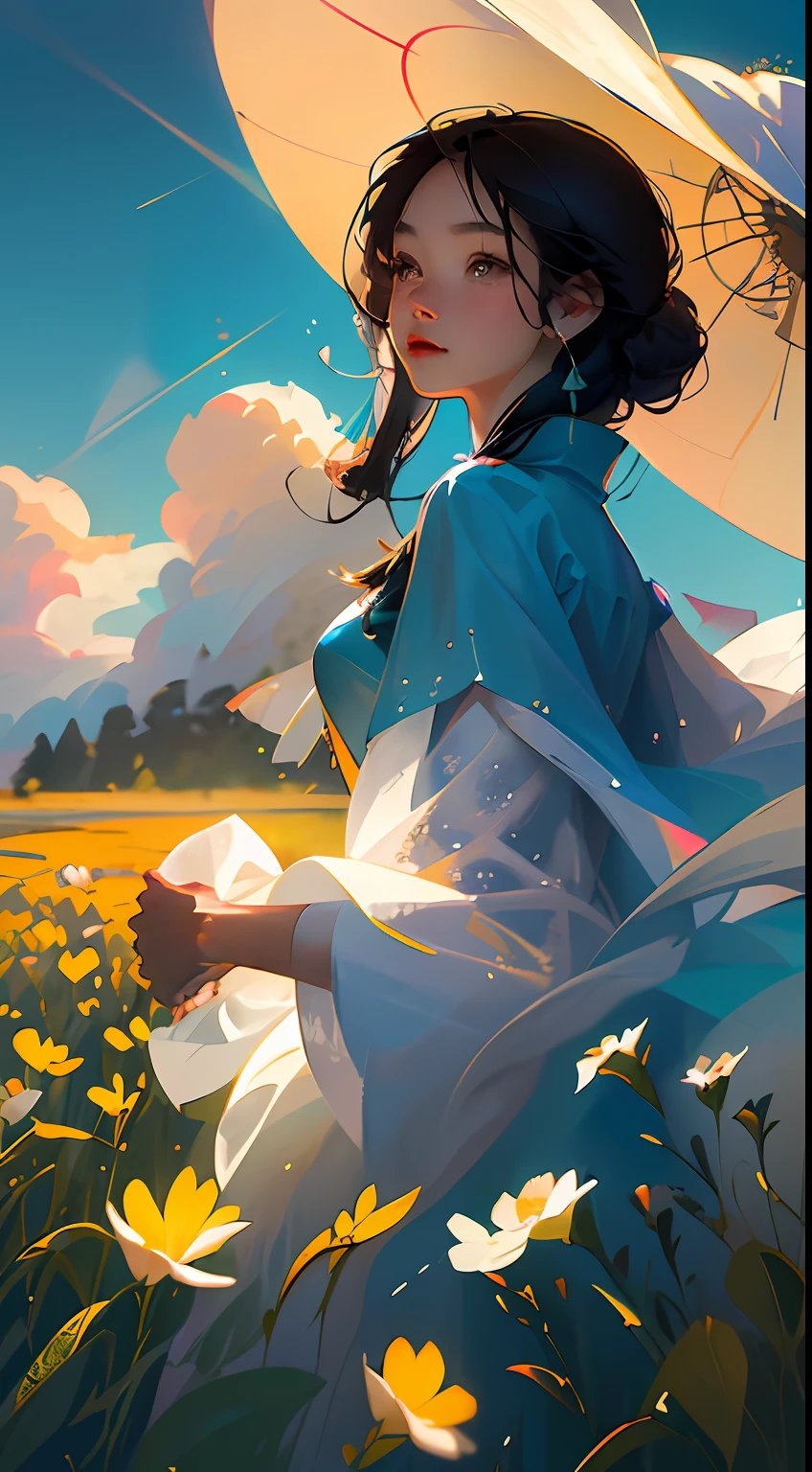 A sunhat(Chinese girl:1.2)standing in a wheat field,Faraway view,(Extremely delicate and perfect depiction of the face),(Wearing a gorgeous pink cheongsam:1.2),on cheongsam,Lightweight silk fabric,(Long black hair),Long silky hair,The middle and close-up view is an endless golden wheat field,blue-sky,Rolling white clouds,The vistas are trees and birds,Rice fields,There are neat rice seedlings in the field,ln the forest,hillside,Quiet,(The setting sun shines obliquely through the clouds),(Extremely detailed picture depiction),high definition detail、Hyper-detailing、cinematic ligh、ultra-realistic realism、Soft light、Deep field focus bokeh、Ray tracing and surrealism,Strong color contrast effect,(octanerender),(8k wallpaper),(Noticeable light and shadow effects),(Light particle tracing),(White balance),(cinmatic lighting),(Masterpiece),(Master painting),realisticlying