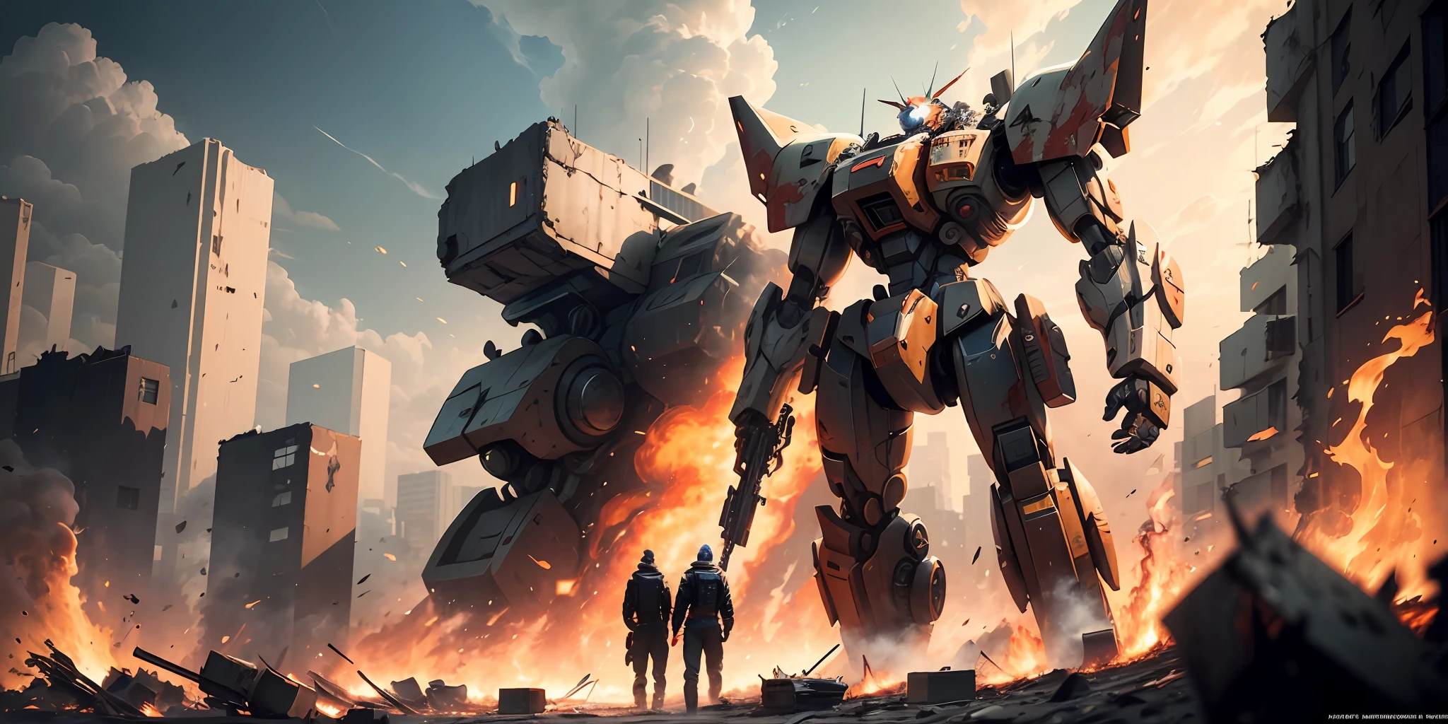 A resolute man raised his head and looked at the furious mech in the distance with a heavy expression，Surrounded by homes destroyed by mecha，There is blood and fire everywhere