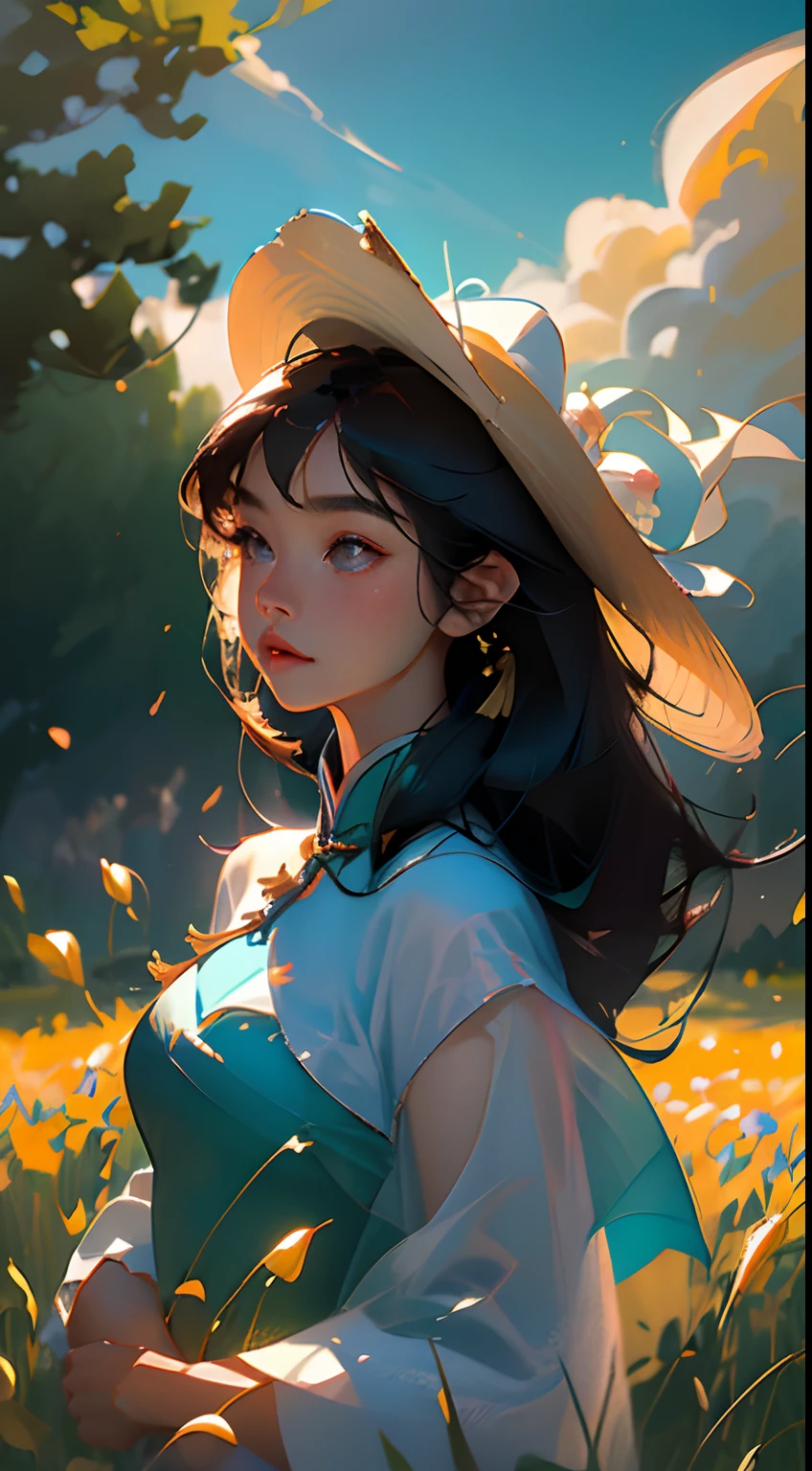 A sunhat(Chinese girl:1.2)standing in a wheat field,Faraway view,(Extremely delicate and perfect depiction of the face),(Wearing a gorgeous pink cheongsam:1.2),on cheongsam,Lightweight silk fabric,(Long black hair),Long silky hair,The middle and close-up view is an endless golden wheat field,blue-sky,Rolling white clouds,The vistas are trees and birds,Rice fields,There are neat rice seedlings in the field,ln the forest,hillside,Quiet,(The setting sun shines obliquely through the clouds),(Extremely detailed picture depiction),high definition detail、Hyper-detailing、cinematic ligh、ultra-realistic realism、Soft light、Deep field focus bokeh、Ray tracing and surrealism,Strong color contrast effect,(octanerender),(8k wallpaper),(Noticeable light and shadow effects),(Light particle tracing),(White balance),(cinmatic lighting),(Masterpiece),(Master painting),realisticlying