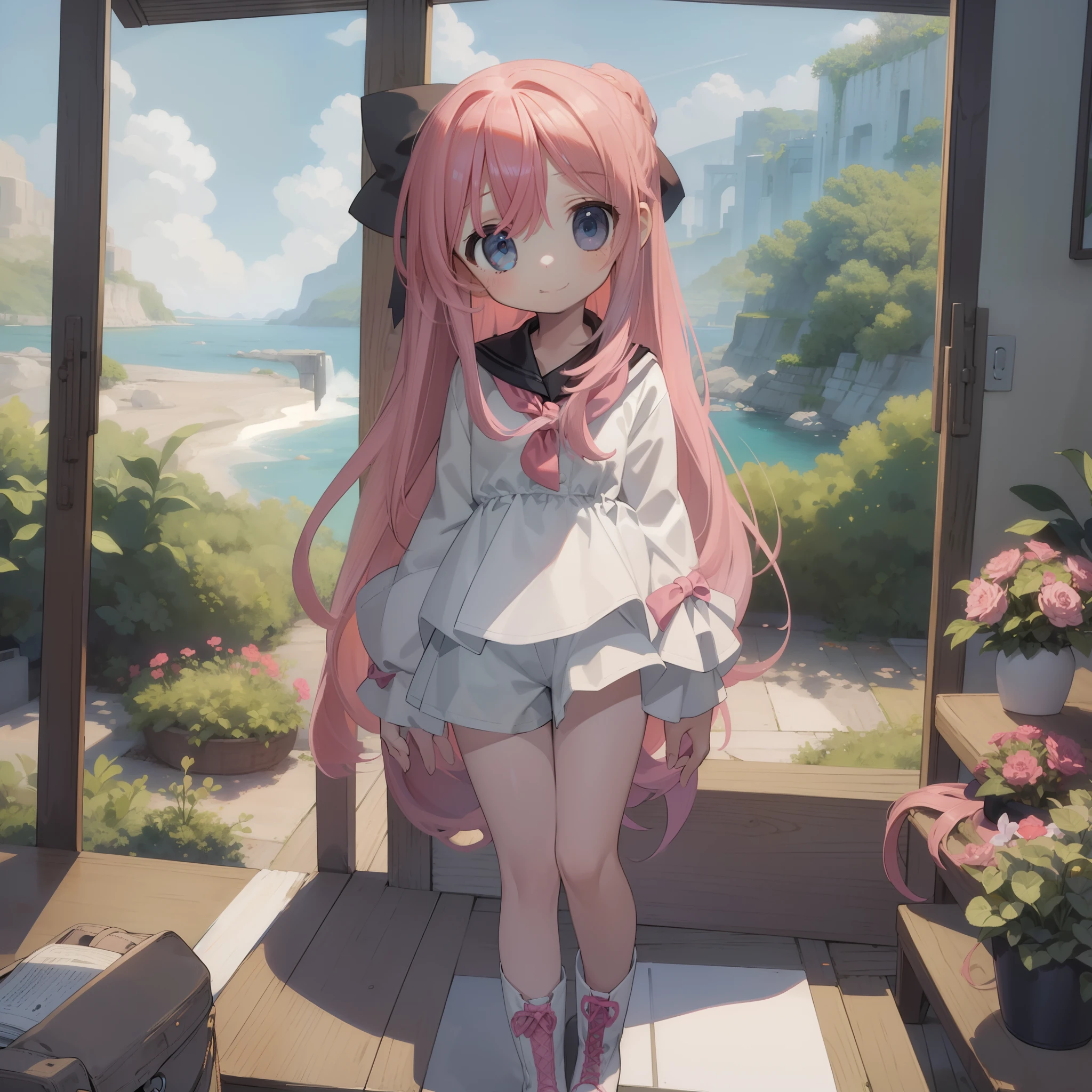 Beautiful illustration, Best Quality, (12-year-old girl)、cute petit girl,Lori、((full-body view))、((is standing))、 (Superb view), fantasylandscape,Layered chinos in a pure white sailor suit、lowrise、Wide shorts、Pink shorts、Brown Lace-Up Short Boots, Long crimson double-sided upholstery, Beautiful blue eyes, Cinematic lighting, Euphoric smile,(Long pink hair)、Occipital12 large black ribbons、tilt your head、