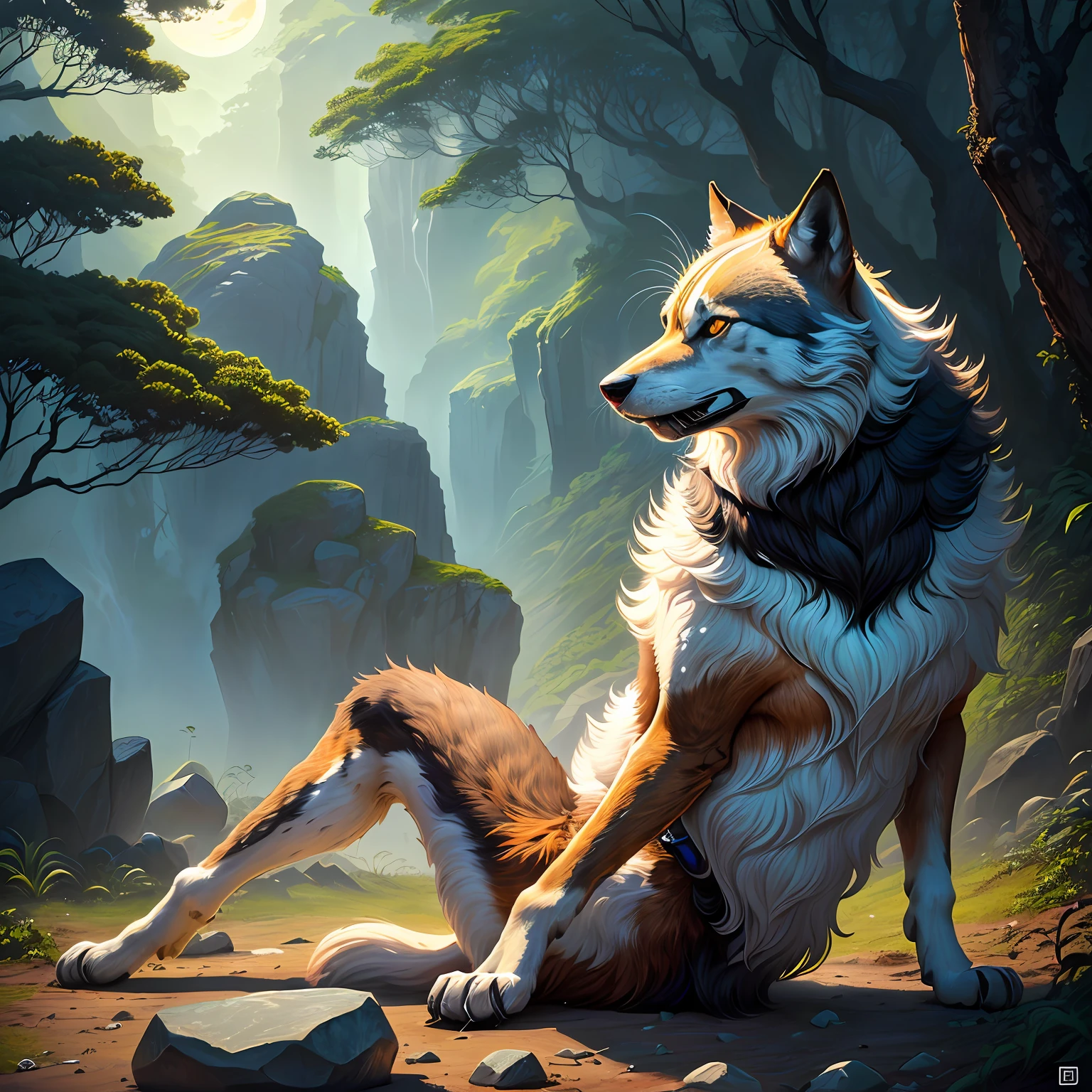 Um lobo na floresta encima de uma pedra riuvando pra lua