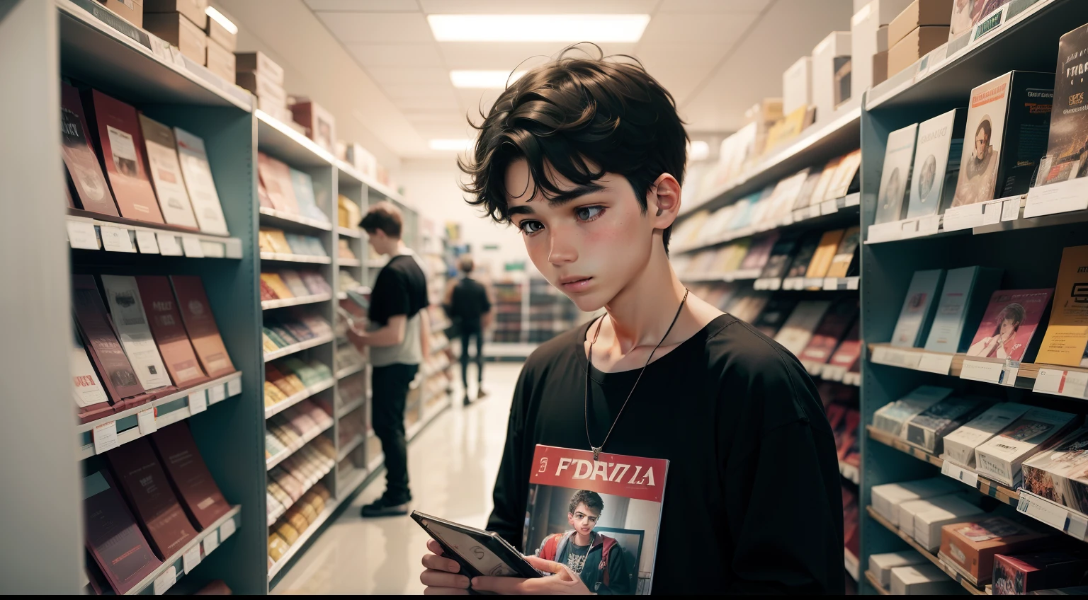 17 year old boy inside a store holding a CD in his hands