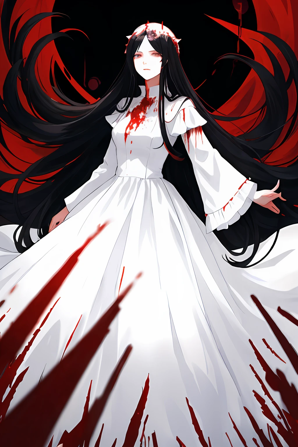 Woman, long and voluminous black hair, white eyes, Standing on the mountain of corpses, surrounded by blood, evil expression, wearing a white dress stained with blood