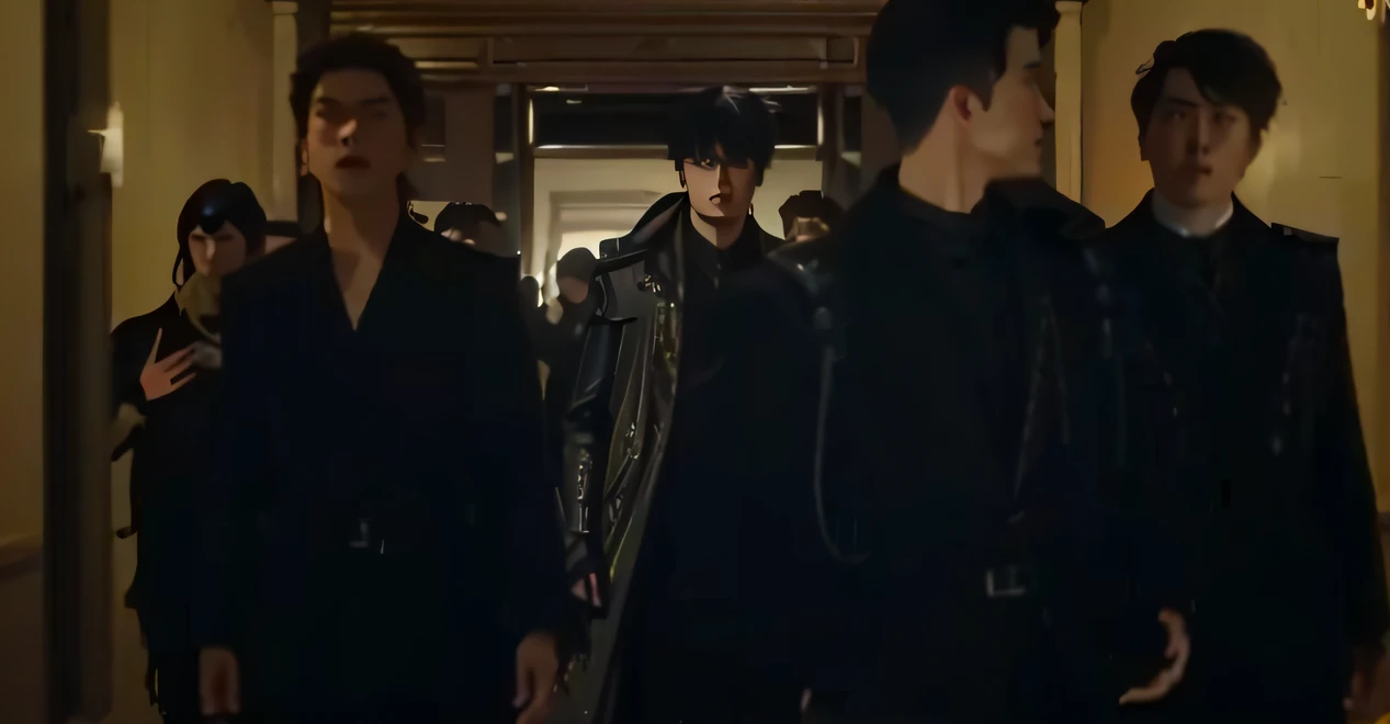 A group of young people standing in the hallway, wearing a black noble suit, movie screencap, menacing look, still from live action movie, live-action movie scenes, highlight scene of the movie, opening scene, black leather robes! Intricate, wearing a fancy black jacket, still from a music video