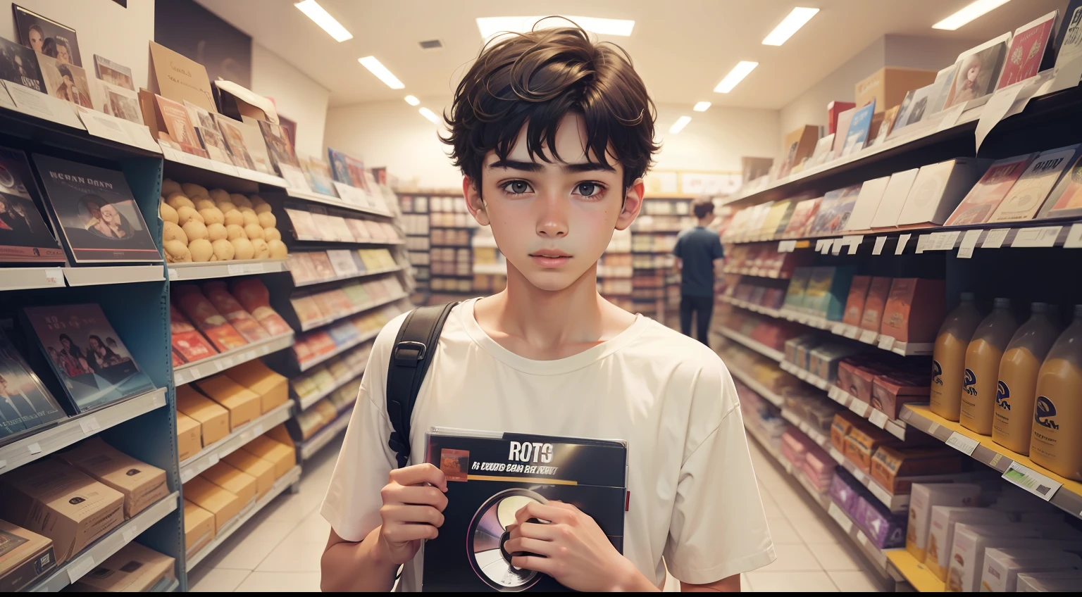 17 year old boy inside a store holding a CD in his hands