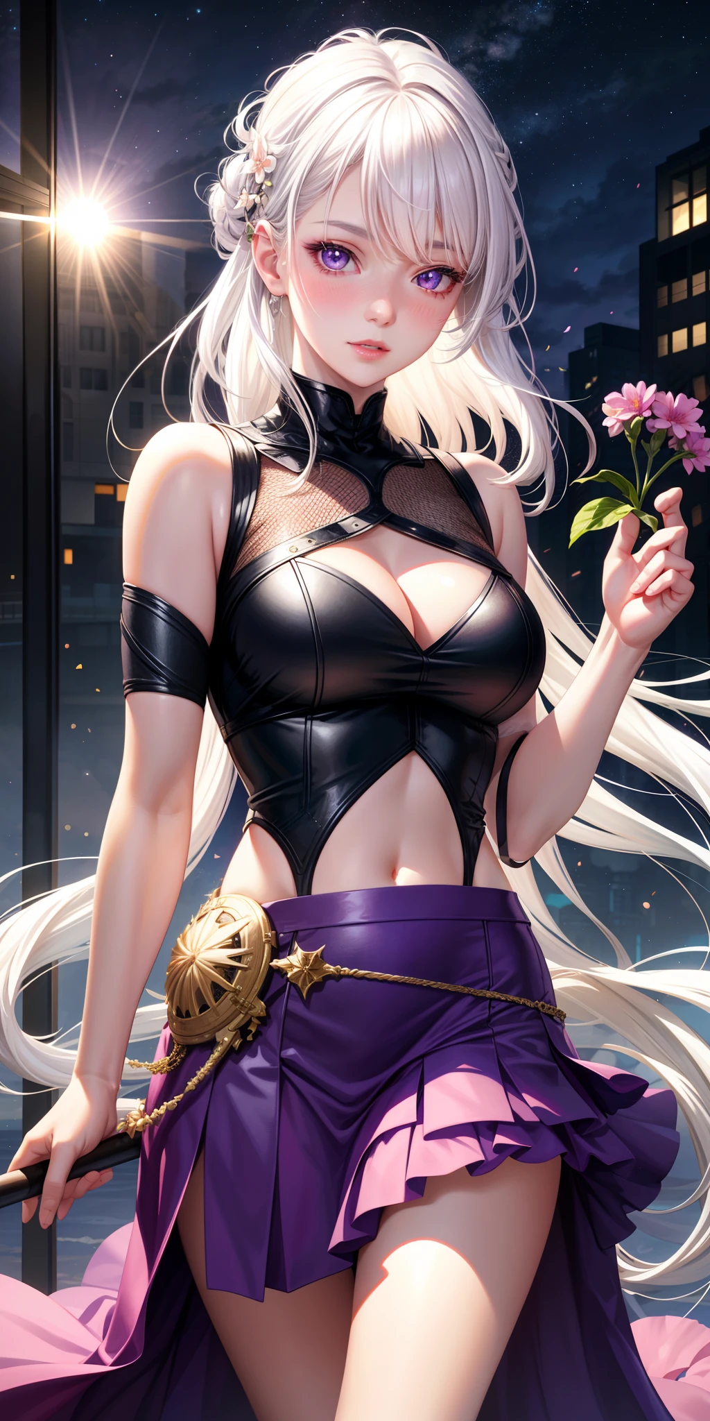 Realistic, 1girl, white hair, purple eyes, glowing eyes, cropped top, skirt, parted lips, blush, night, flowers, sun, sun, sexy