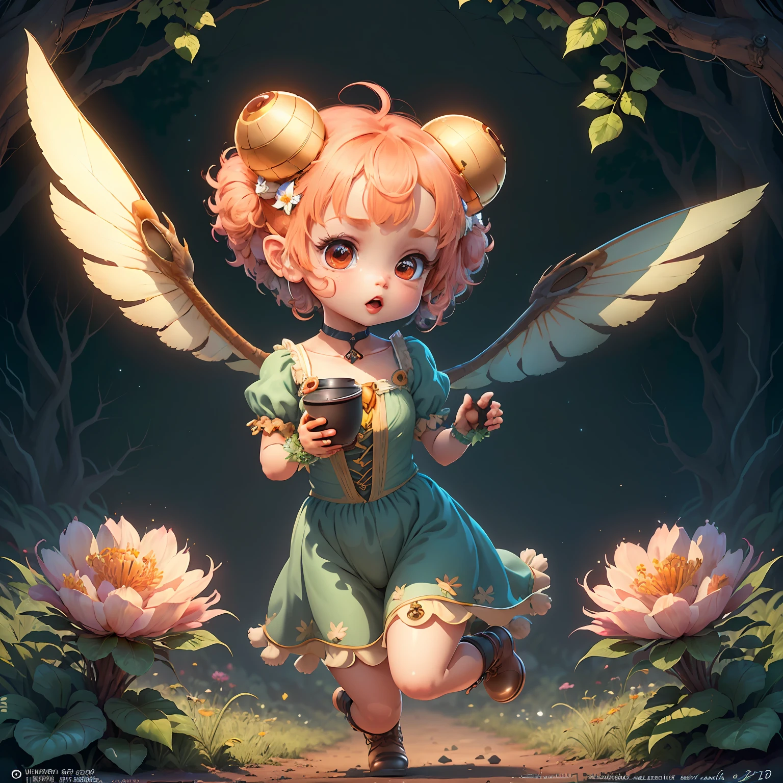 (extremely cute and delicate CG illustration, ultra-detailed and ultra-high quality), best illumination, best shadow, an extremely cute and adorable cu73cre4ture (agama), with big round eyes and a small cute mouth, small horns on its head, vibrant and vivid colors, dynamic angle, dynamic pose, floating, in a magical and enchanting place, with lush vegetation and vibrant flowers.