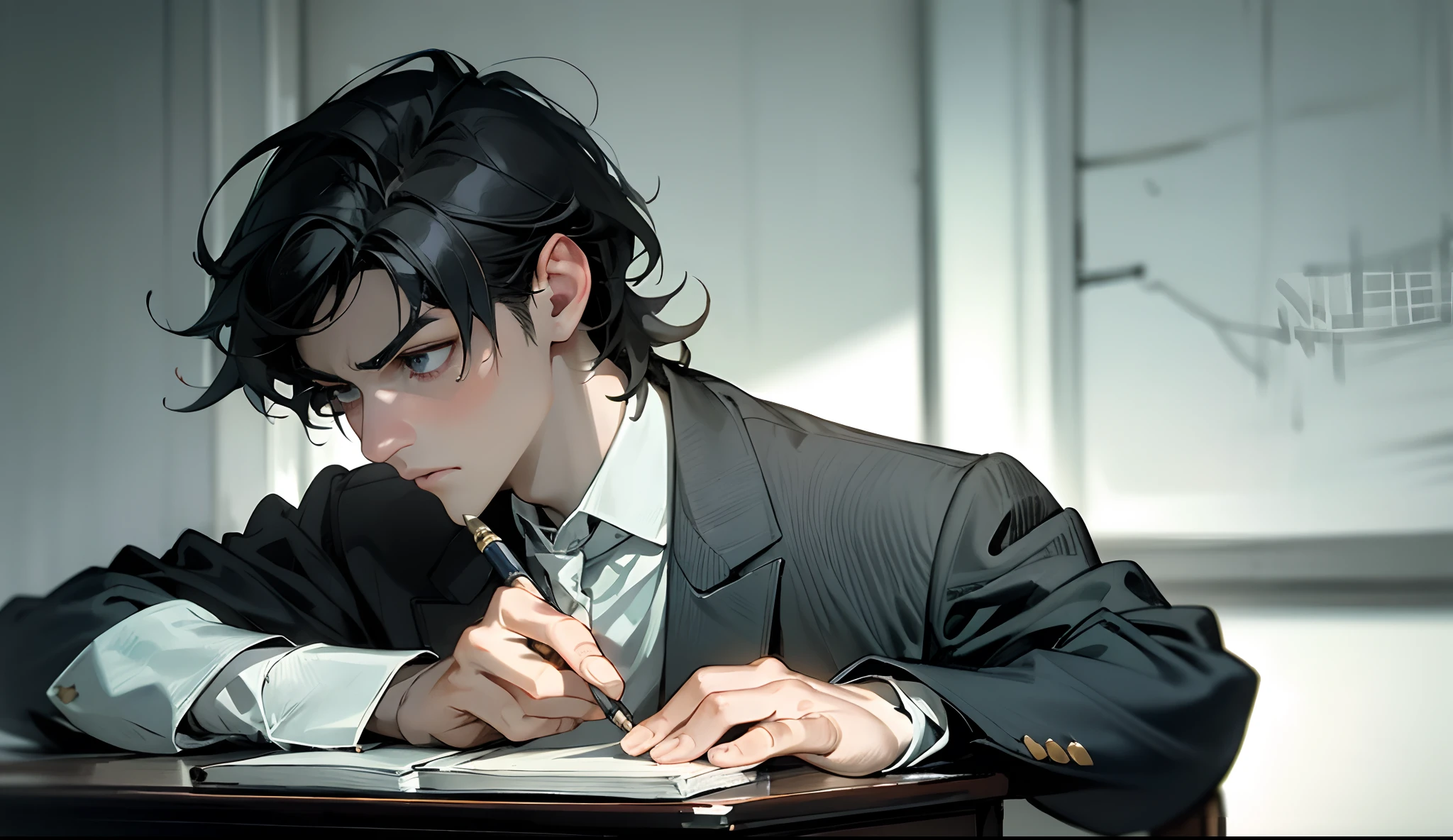 (Based on stable diffusion)Realistic boy high school handsome writing homework,Focused and serious,The handwriting is smooth and neat。