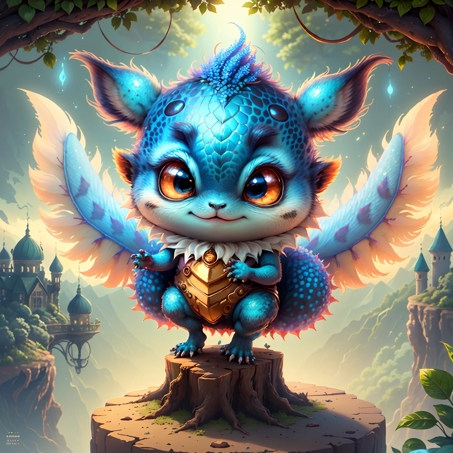 (extremely cute and delicate CG illustration, ultra-detailed and ultra-high quality), best illumination, best shadow, an extremely cute and adorable cu73cre4ture (agama), with big round eyes and a small cute mouth, small horns on its head, vibrant and vivid colors, dynamic angle, dynamic pose, floating, in a magical and enchanting place, with lush vegetation and vibrant flowers.