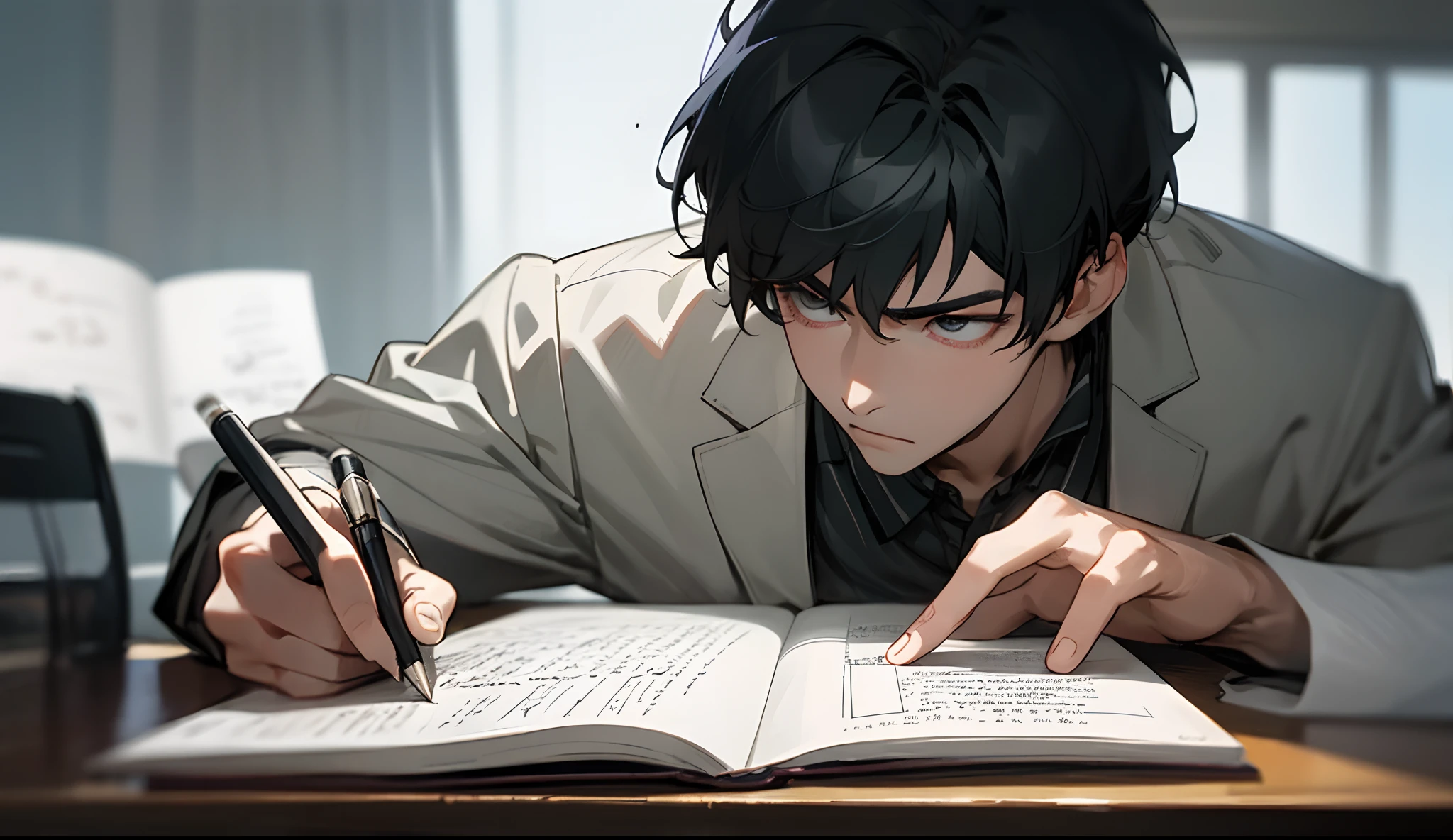(Based on stable diffusion)Realistic boy high school handsome writing homework,Focused and serious,The handwriting is smooth and neat。