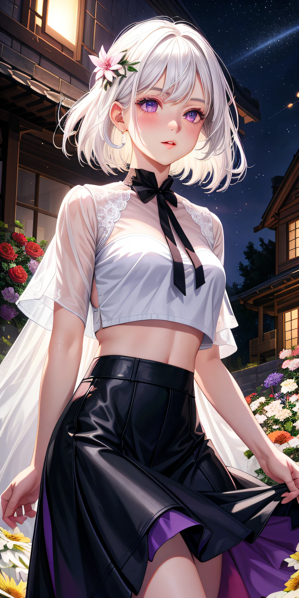 Realistic, 1girl, white hair, purple eyes, glowing eyes, cropped top, skirt, parted lips, blush, night, flowers, sun, sun, sexy