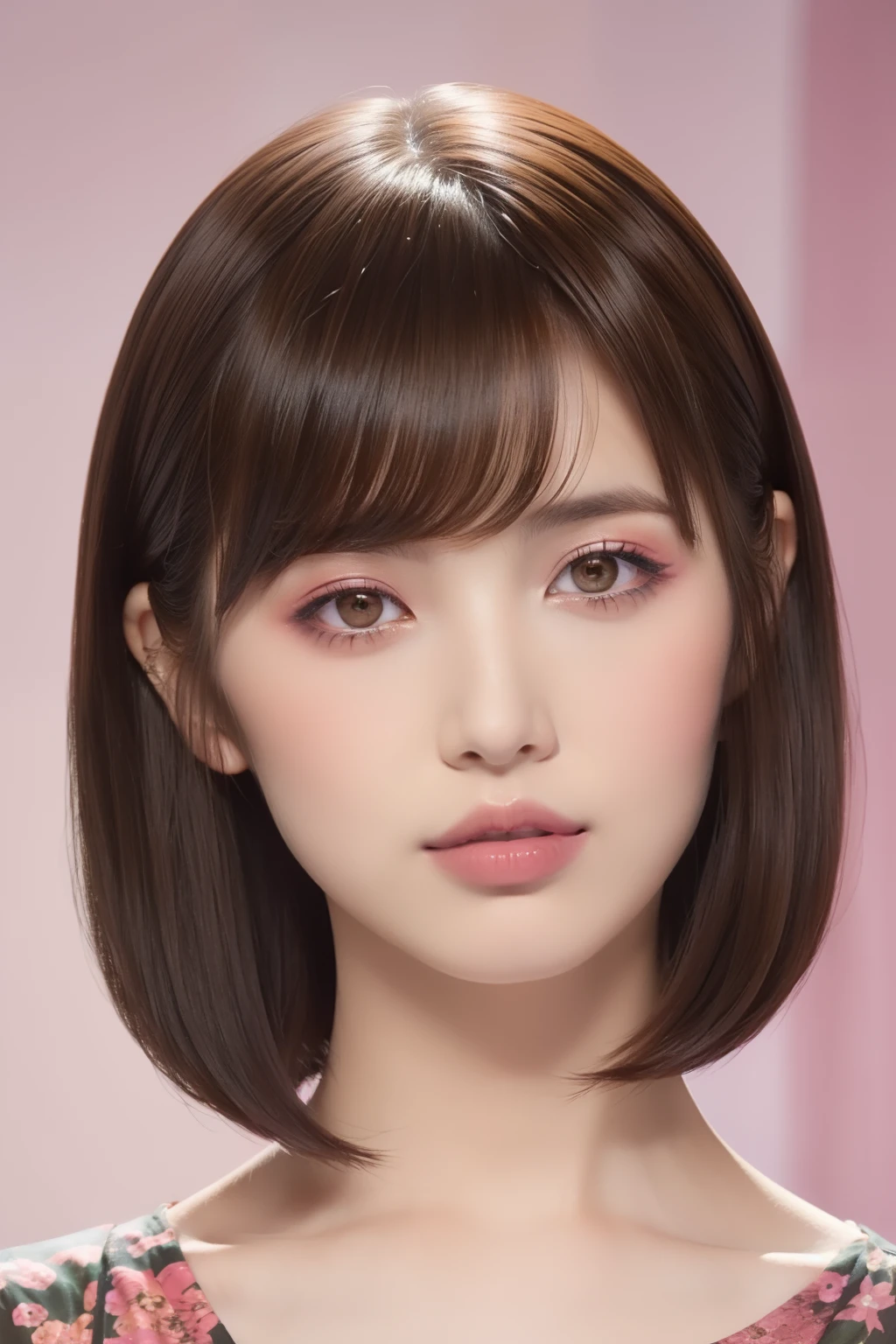 Feminine makeup, ((feminine short hair, hair color brown, diagonal slicked bangs: 1.5)), feminine floral dress