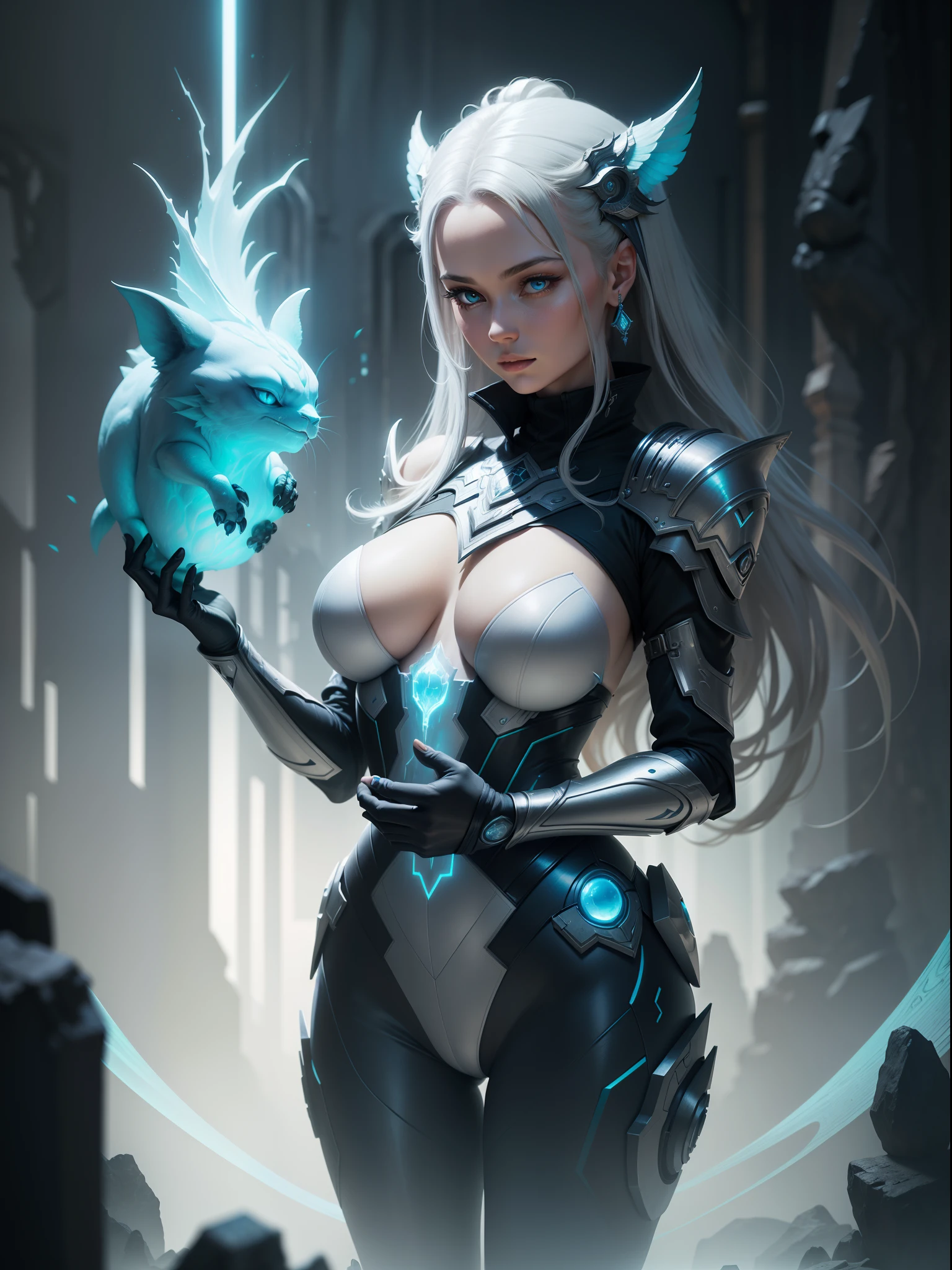 this is a picture of a woman holding a giant creature on her hand, in the style of rendered in maya, light silver and azure, mythic imagery, airbrush art, zbrush, solarpunk, flickr