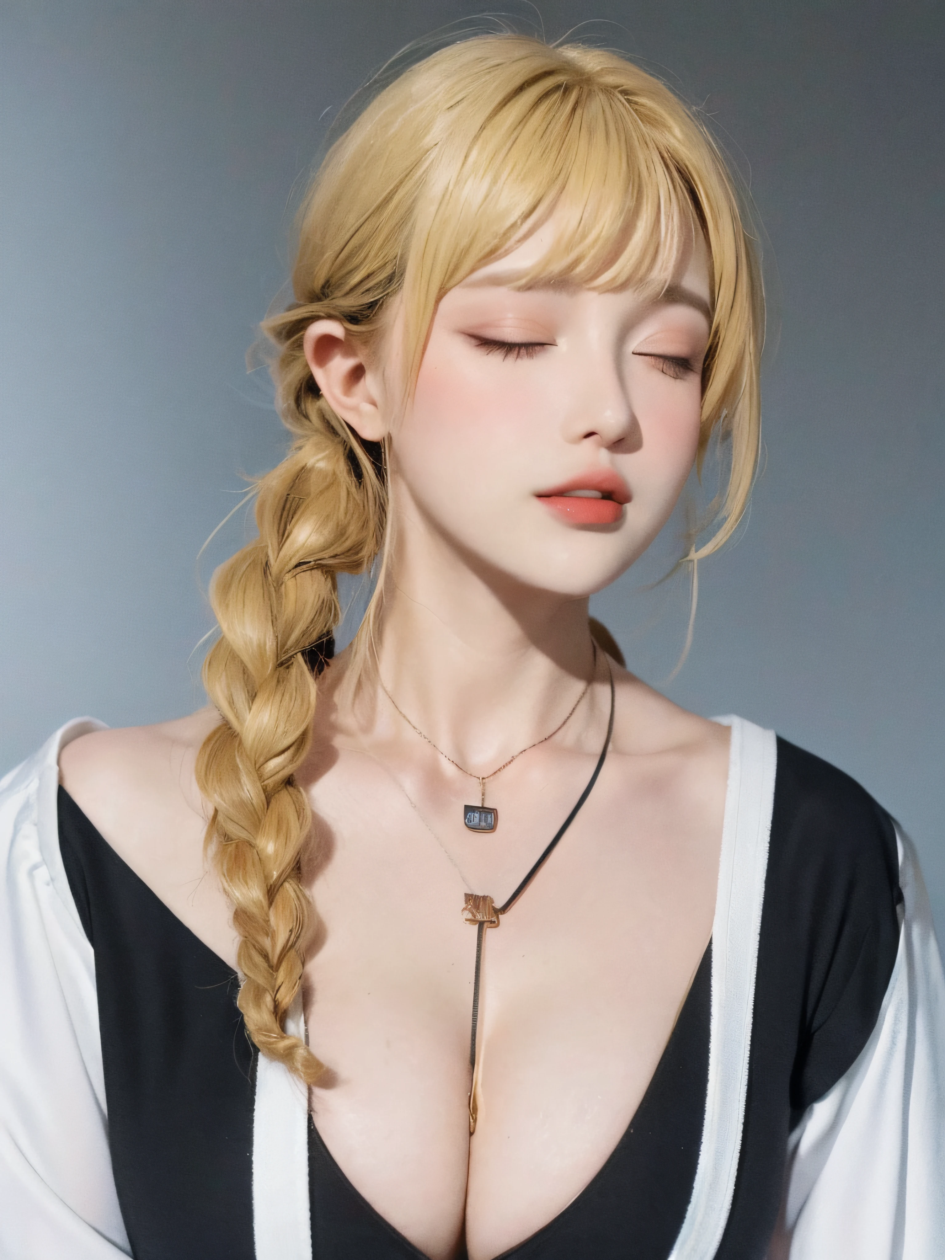 solo,alternate costume, black dress, blonde hair, braid,cleavage, cross, cross necklace, dated, dress, habit, jewelry, long hair, long sleeves, necklace, nun, one-hour drawing challenge, own hands clasped, own hands together, closed eyes,praying, side braid, parted lips, solo, upper body, wavy hair, church,(steaming body),(gigantic breasts),huge breasts,