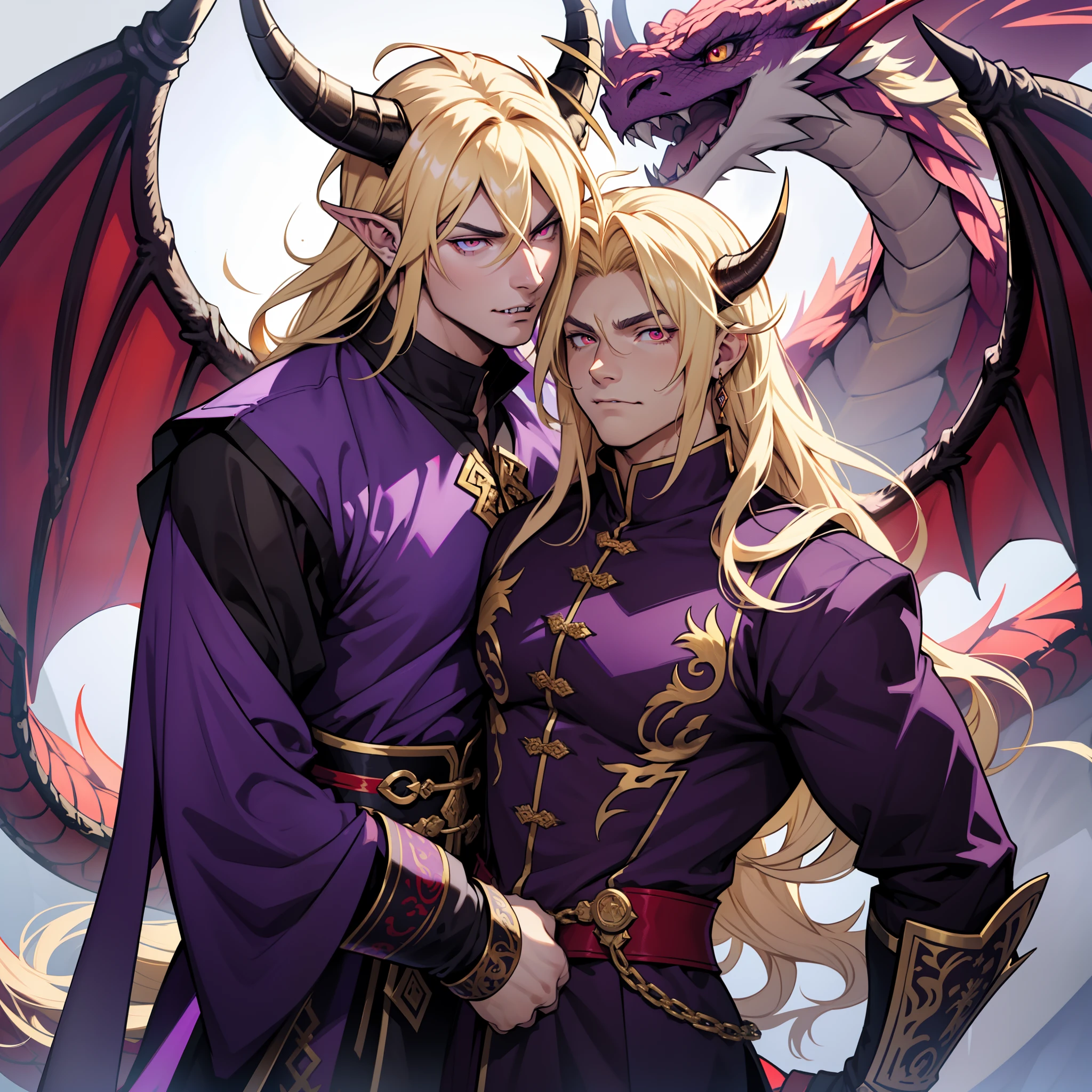 Dragon with black scales and long talons. Horns. Golden eyes. Huge wings. soft eyes. Dragon in human form. Lomg hair. Blonde hair. Red eyes. Roman nose. Fangs. Soft expression. Soft look. Tall muscular male. Purple attire. Purple clothes.