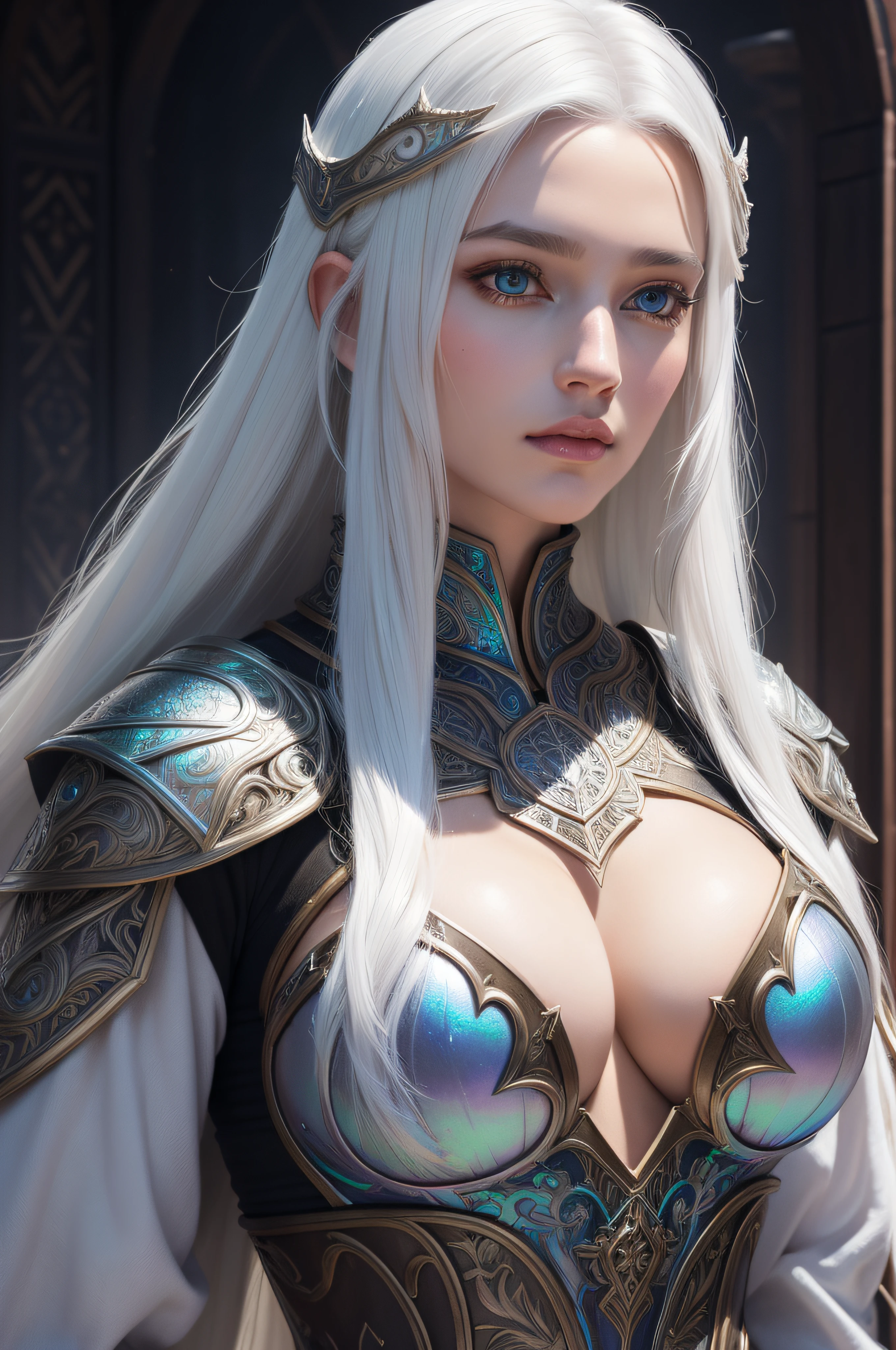Iridescent armor, long wild white hair!! covered chest!!! fantasy, d & d, intricate ornate details, digital painting, pretty face, symmetry