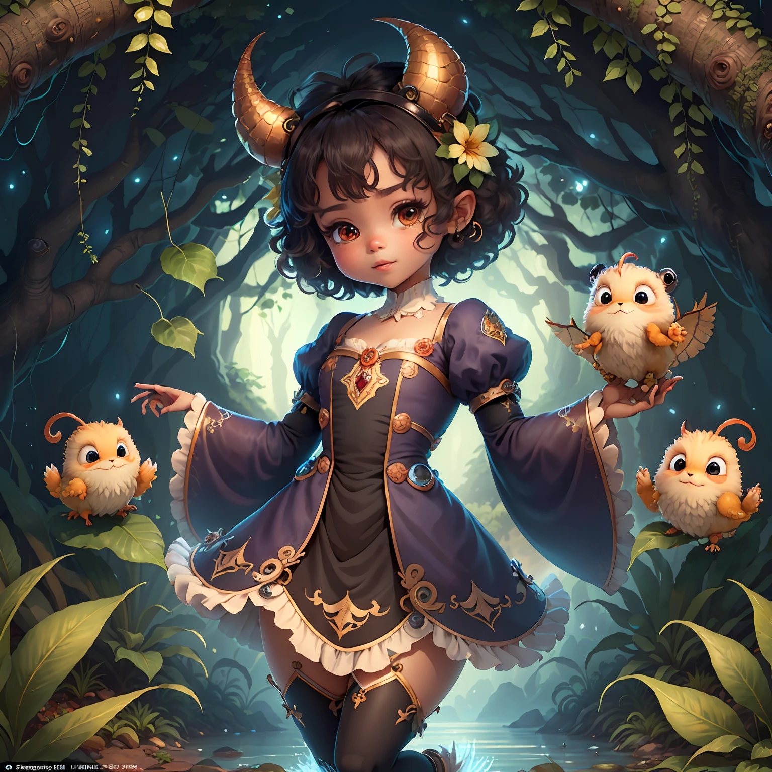 (extremely cute and delicate CG illustration, ultra-detailed and ultra-high quality), best illumination, best shadow, an extremely cute and adorable cu73cre4ture (agama), with big round eyes and a small cute mouth, small horns on its head, vibrant and vivid colors, dynamic angle, dynamic pose, floating, in a magical and enchanting place, with lush vegetation and vibrant flowers.
