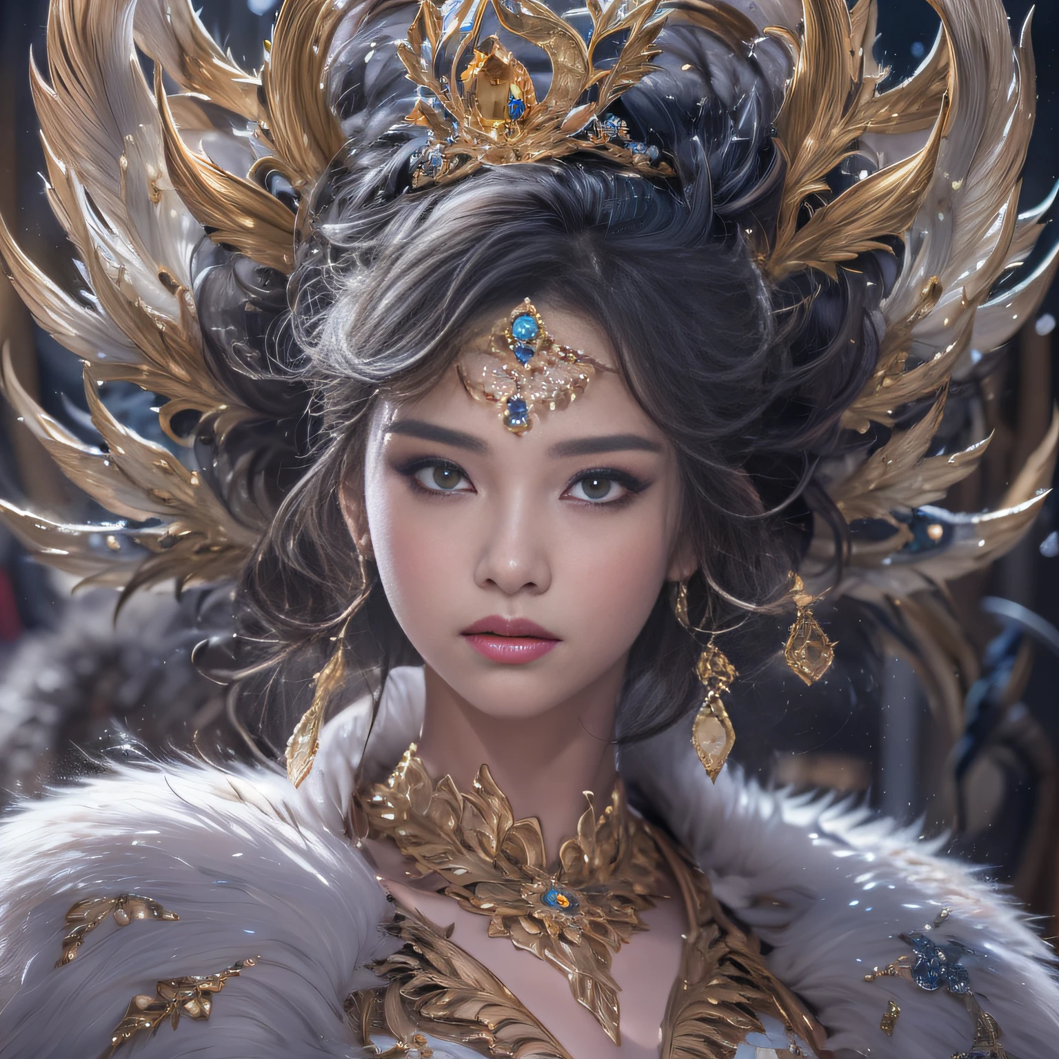 16k(tmasterpiece,k hd,hyper HD,16k)short detailed hair,Gold jewelry area in the back room,King Girl ,Silver Dragon Protector (realisticlying:1.4),Python pattern robe,Purple-pink tiara,Snowflakes fluttering,The background is pure,Hold your head high,Be proud,The nostrils look at people, A high resolution, the detail, RAW photogr, Sharp Re, Nikon D850 Film Stock Photo by Jefferies Lee 4 Kodak Portra 400 Camera F1.6 shots, Rich colors, ultra-realistic vivid textures, Dramatic lighting, Unreal Engine Art Station Trend, cinestir 800,Hold your head high,Be proud,The nostrils look at people