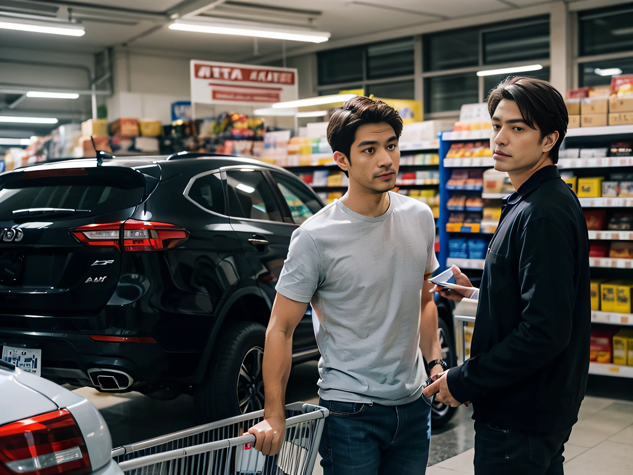 2 men，Shop for car supplies in casual wear at the auto supply supermarket，sface focus，Extreme depiction of facial detail