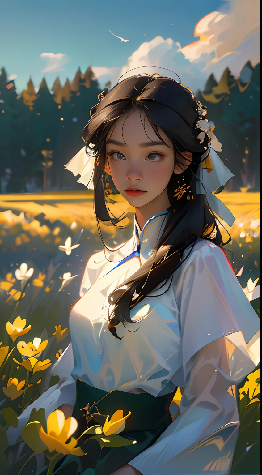 A(Chinese girl:1.2)standing in a wheat field,(Extremely delicate and perfect depiction of the face),Wear a white dress,light fabrics,(Long black hair),Long silky hair,Close-up,Endless golden wheat fields,blue-sky,Rolling white clouds,The vistas are trees and birds,Rice fields,There are neat rice seedlings in the field,ln the forest,hillside,Quiet,Rustic,(The setting sun shines obliquely through the clouds),(Extremely detailed picture depiction),high definition detail、Hyper-detailing、cinematic ligh、ultra-realistic realism、Soft light、Deep field focus bokeh、Ray tracing and surrealism,(octanerender),(8k wallpaper),(Noticeable light and shadow effects),(Light particle tracing),(White balance),(cinmatic lighting),(Masterpiece),(Master painting),realisticlying