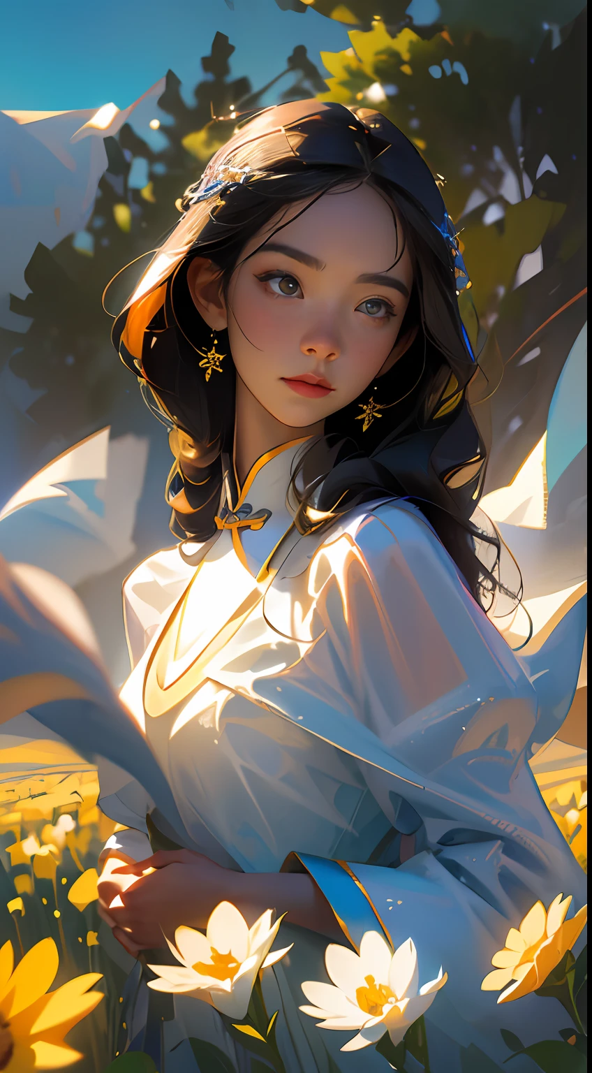 A(Chinese girl:1.2)standing in a wheat field，（Extremely delicate and perfect depiction of the face），Wear a white dress，light fabrics，(Long black hair)，Long silky hair，Close-up，Endless golden wheat fields，blue-sky，Rolling white clouds，The vistas are trees and birds，Rice fields，There are neat rice seedlings in the field，ln the forest，hillside，Quiet，Rustic，（The setting sun shines obliquely through the clouds），（Extremely detailed picture depiction），high definition detail、Hyper-detailing、cinematic ligh、ultra-realistic realism、Soft light、Deep field focus bokeh、Ray tracing and surrealism，（octanerender），（8k wallpaper），（Noticeable light and shadow effects），（Light particle tracing），（White balance），（cinmatic lighting），（Masterpiece），（Master painting），realisticlying
