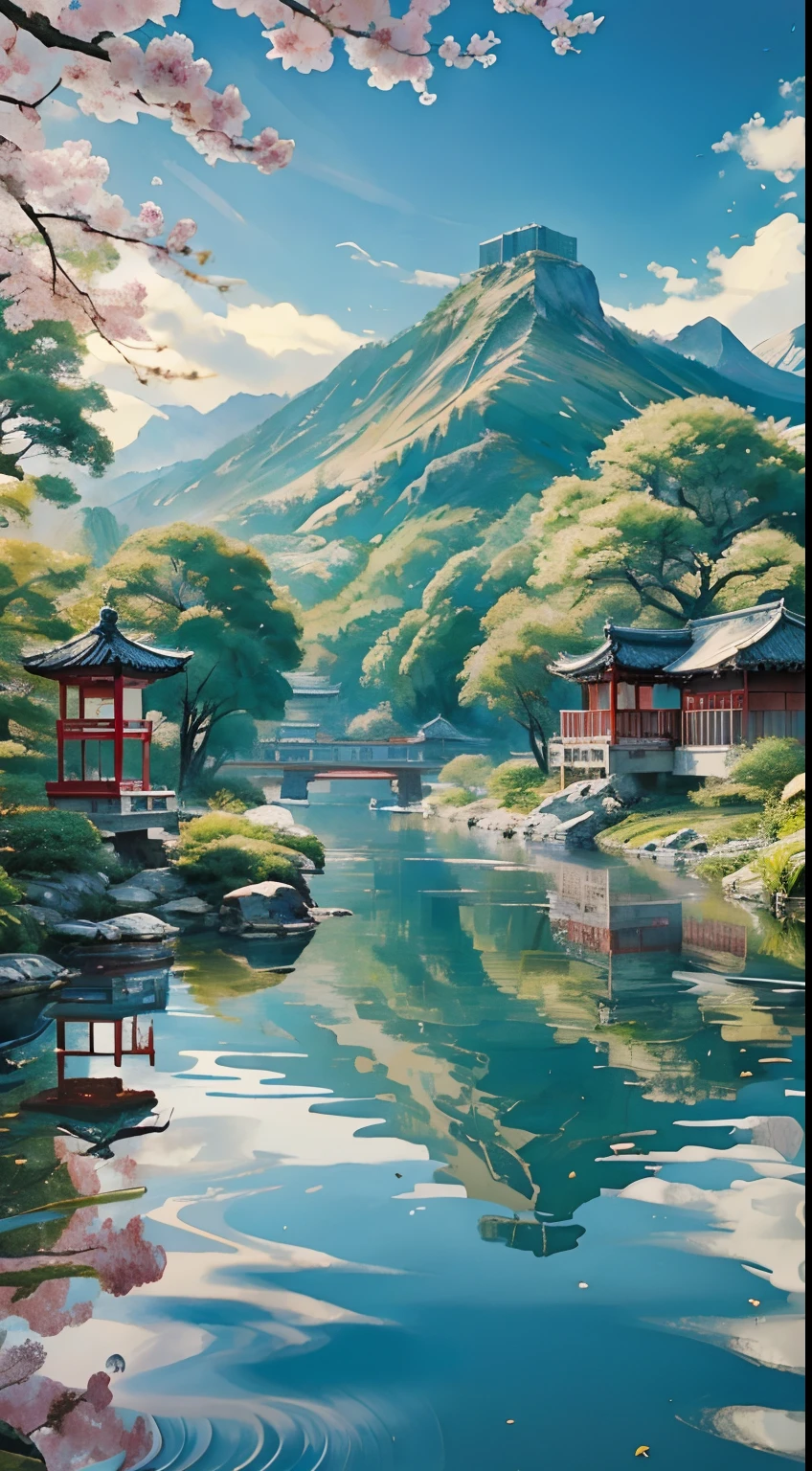 Chinese beauty standing by the river，中景 the scene is，（Wearing a gorgeous pink cheongsam:1.3)，Lightweight and silky fabric((on cheongsam))，Flowing silk，（Detailed and perfect facial details），（Beautiful and affectionate eyes），Flowing silky hair，Pavilion，the trees，Flying birds，The vista is mountains，(Ink painting style)，Clean colors，Decisive cut，Leave white space，impressionistic，tmasterpiece，（8k wallpaper），（Extremely meticulous and perfectly detailed painting），Epic composition，high high quality，HighestQuali，Master works of painting，realisticlying，Inspired by：《Suzhou Garden》，Ray