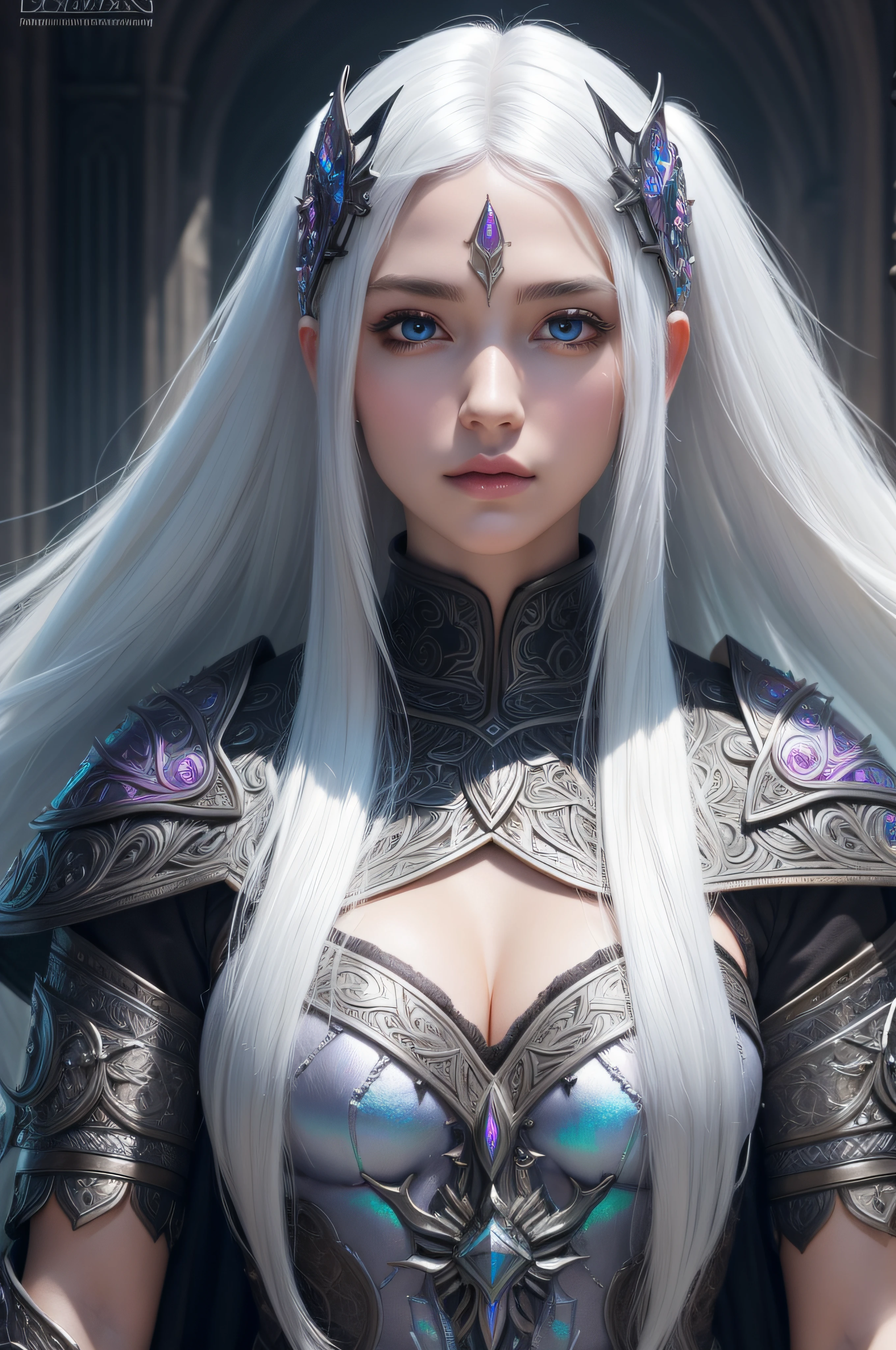 Iridescent armor, long wild white hair!! covered chest!!! fantasy, d & d, intricate ornate details, digital painting, pretty face, symmetry