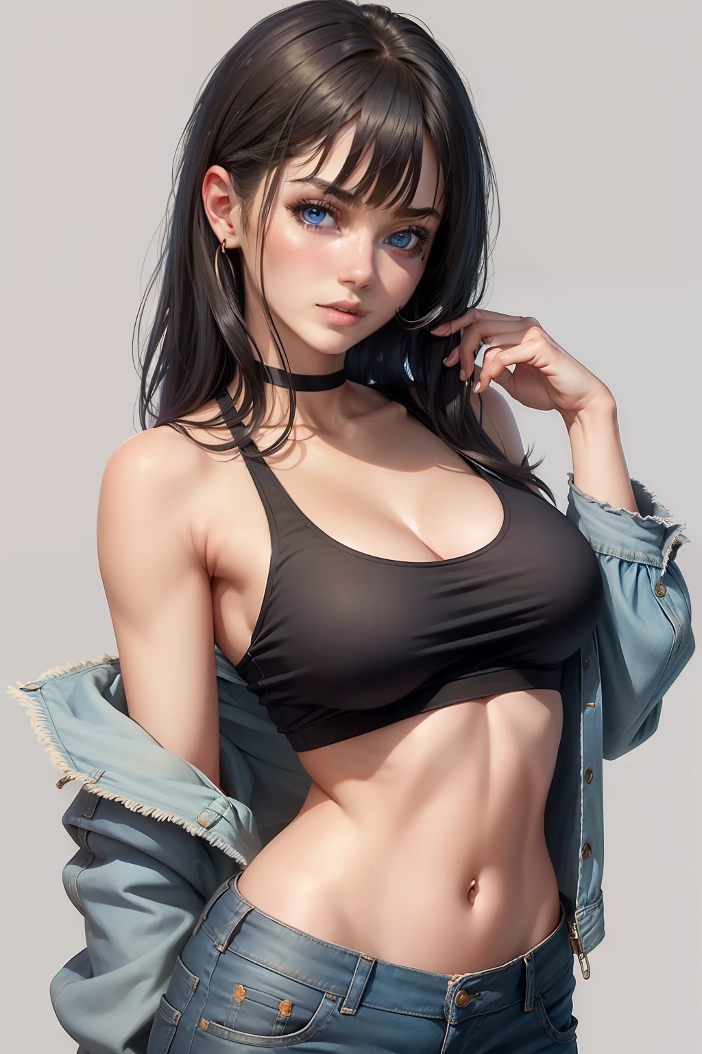 1girl, solo, breasts, blue eyes, traditional media, black hair, denim, tank top, pants, looking at viewer, jeans, medium hair, upper body, collarbone, off shoulder, midriff, cleavage, medium breasts, bangs, simple background, open jacket, hand up, crop top