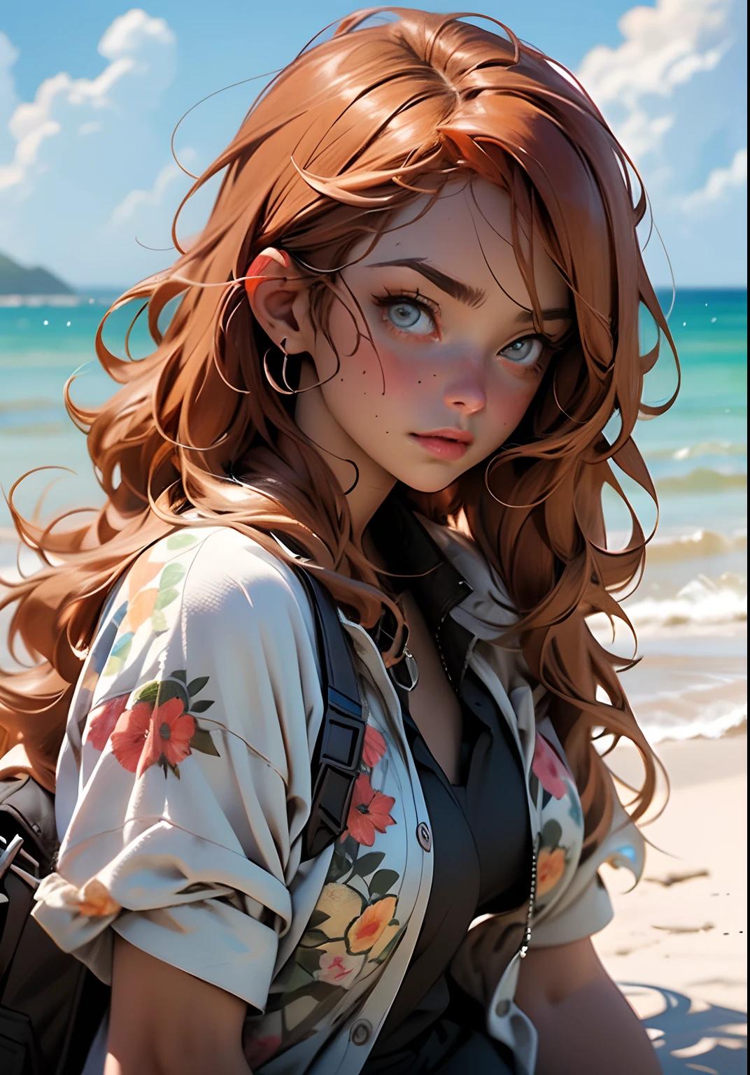 (Best Quality, Masterpiece), Best Quality, High Resolution, Masterpiece, Best Detail, 8k, Close Up, Realistic, 35mm, Intricate Detail, HDR, Intricate Detail, Ultra Detail, Natural Skin Texture, Surrealism, Sharp, Best Quality, High Resolution, (One Girl: 1.6), (lora:RussianDoll: 0.4), (Lora:TaiwanDoll: 0.4), (Best Quality, 8k, Masterpiece: 1.3), Highly detailed face and skin texture, detailed eyes, double eyelids, bleached skin, long hair split edges, (round face: 1.4), blue sky, white clouds, HORIZON, sea, (behin shape) shooting angle, (cowboy shot) cowboy angle, add to your charm, RED HAIR