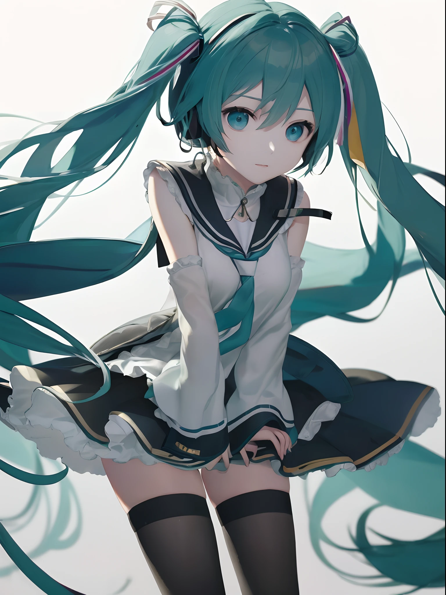 (One lady)、(​masterpiece)、(best qualtiy)、(ultra-detailliert)、(a high chroma)、(CG Illustration)、highcontrast、low angles、VOCALOID、((miku hatsune))、(Fine and beautiful eyes)、Delicate beautiful face、Ram hairstyle、((dishevled hair))、(( a sailor suit))、See-through shirt、(Black stockings)、(B cup breasts)、((teats)) 、The best lighting、Float inside、simple background