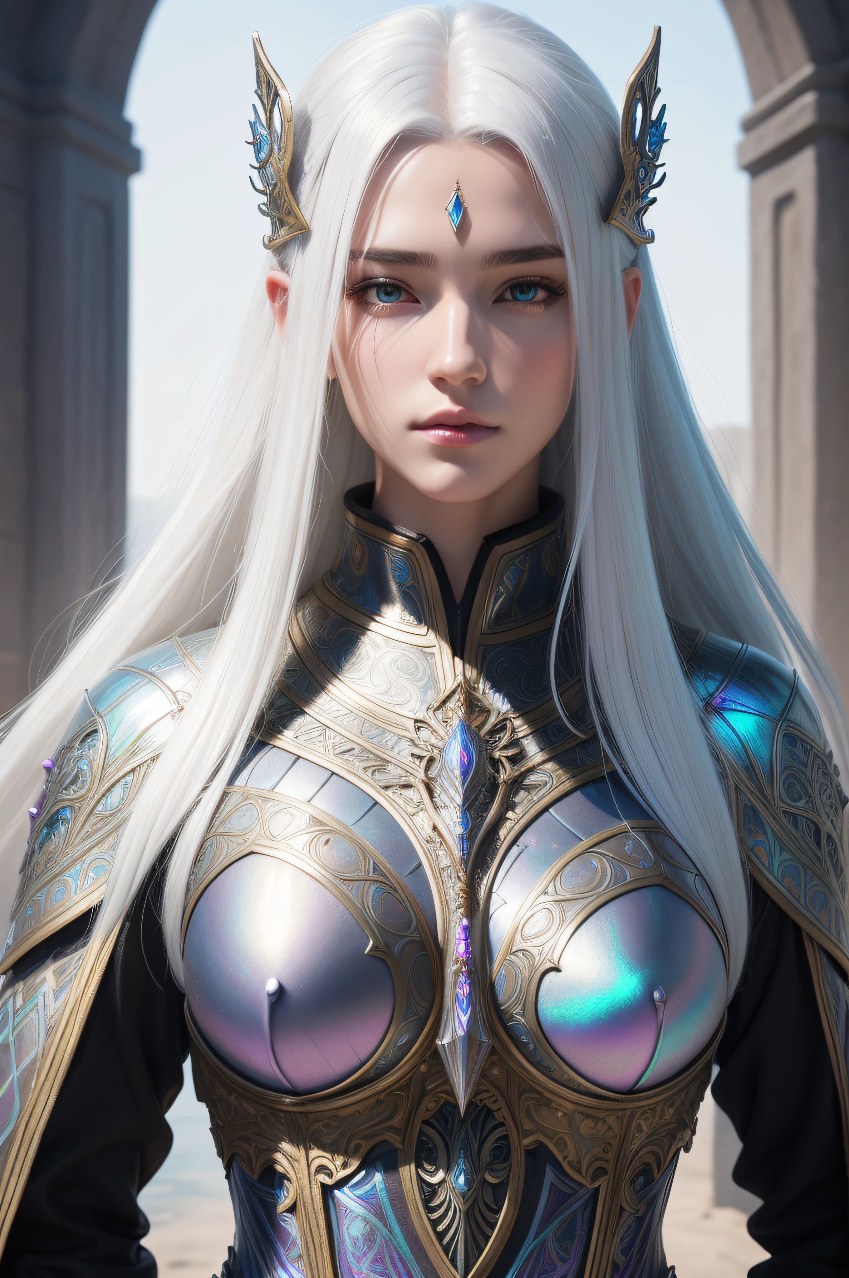 Iridescent armor, long wild white hair!! covered chest!!! fantasy, d & d, intricate ornate details, digital painting, pretty face, symmetry