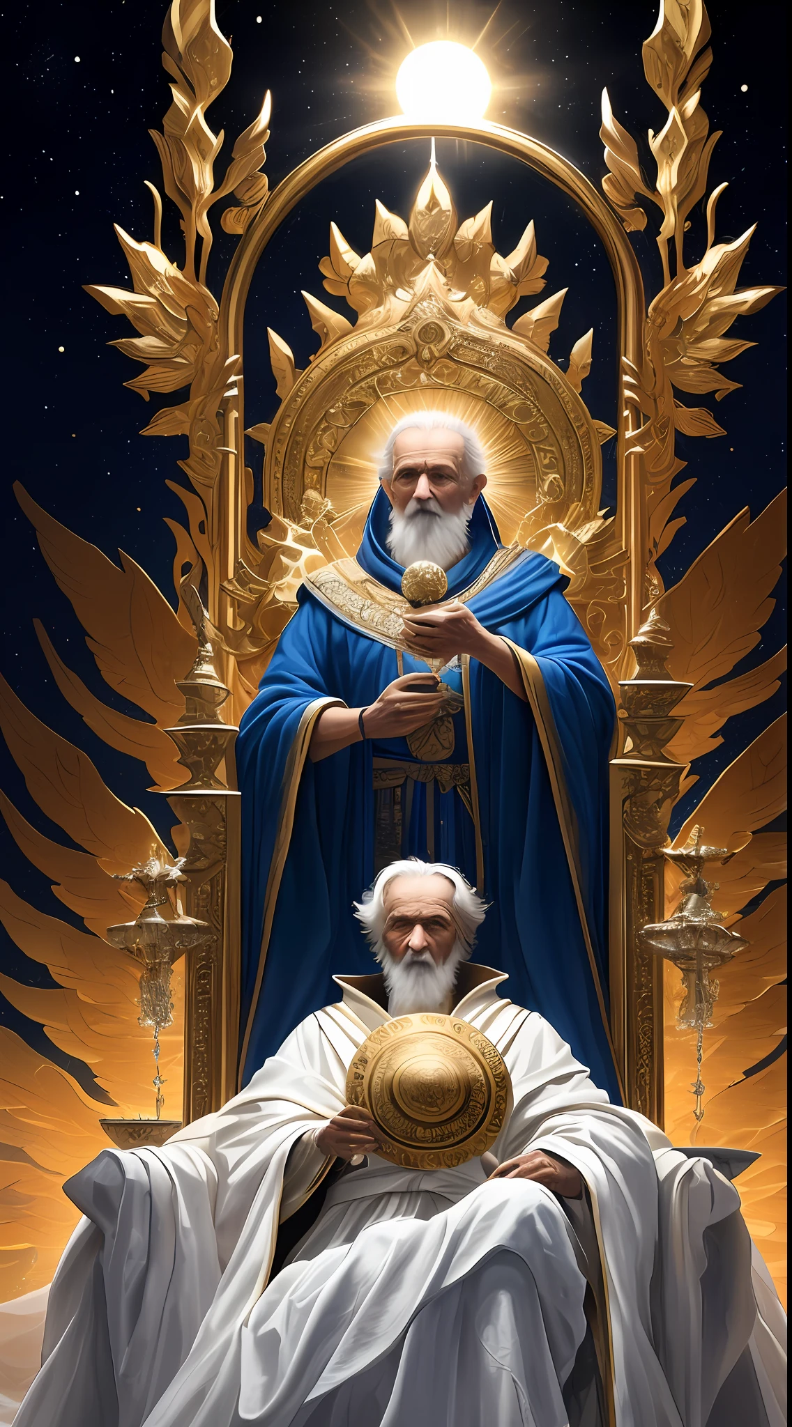super high resolution, best quality, photo, 16k, (photorealistic: 1.2), cinematic lighting, An old man in the shape of a mythical god. Depict the god holding the sun and moon, enveloped by a radiant aura. Seat them on a magnificent throne within a cosmic backdrop, in bright white cloaks floating on the crystal throne, floating on crystal clouds, surrounded by the splendors of the universe. Pay meticulous attention to stunning details and achieve a resolution of 64K for an immersive and realistic visual experience. Let your work capture the essence of myth and wonder, leaving viewers in awe of its beauty and power.