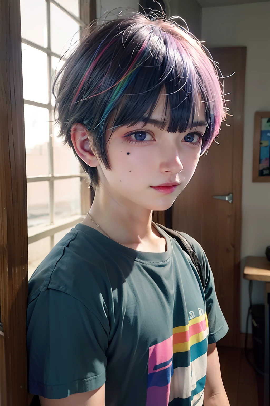 Rainbow hair, Moles under eyes, Blue Eyes thought, Contemplative, High detail, modern, reflective light, Fuji colors, Fuji Film, Sony FE, Sony FE GM, hyper HD,Boy student,Wear a rainbow t-shirt,looking toward the viewer,Put your hands in your pockets