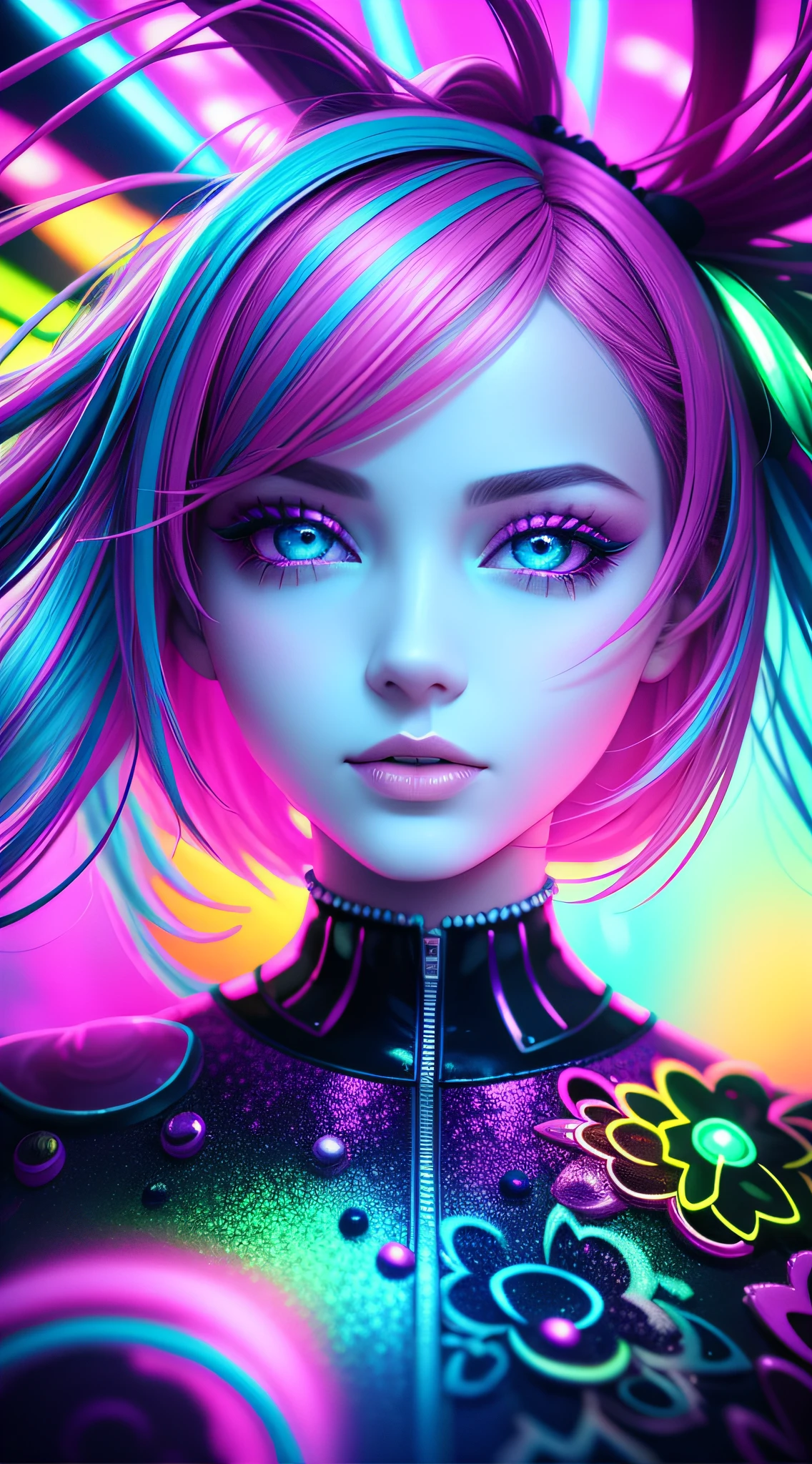 "extreme close-up of Amidst a colorful garden, surreal fashion blends with neon lights, creating atmospheric surrealism that sparks imagination."