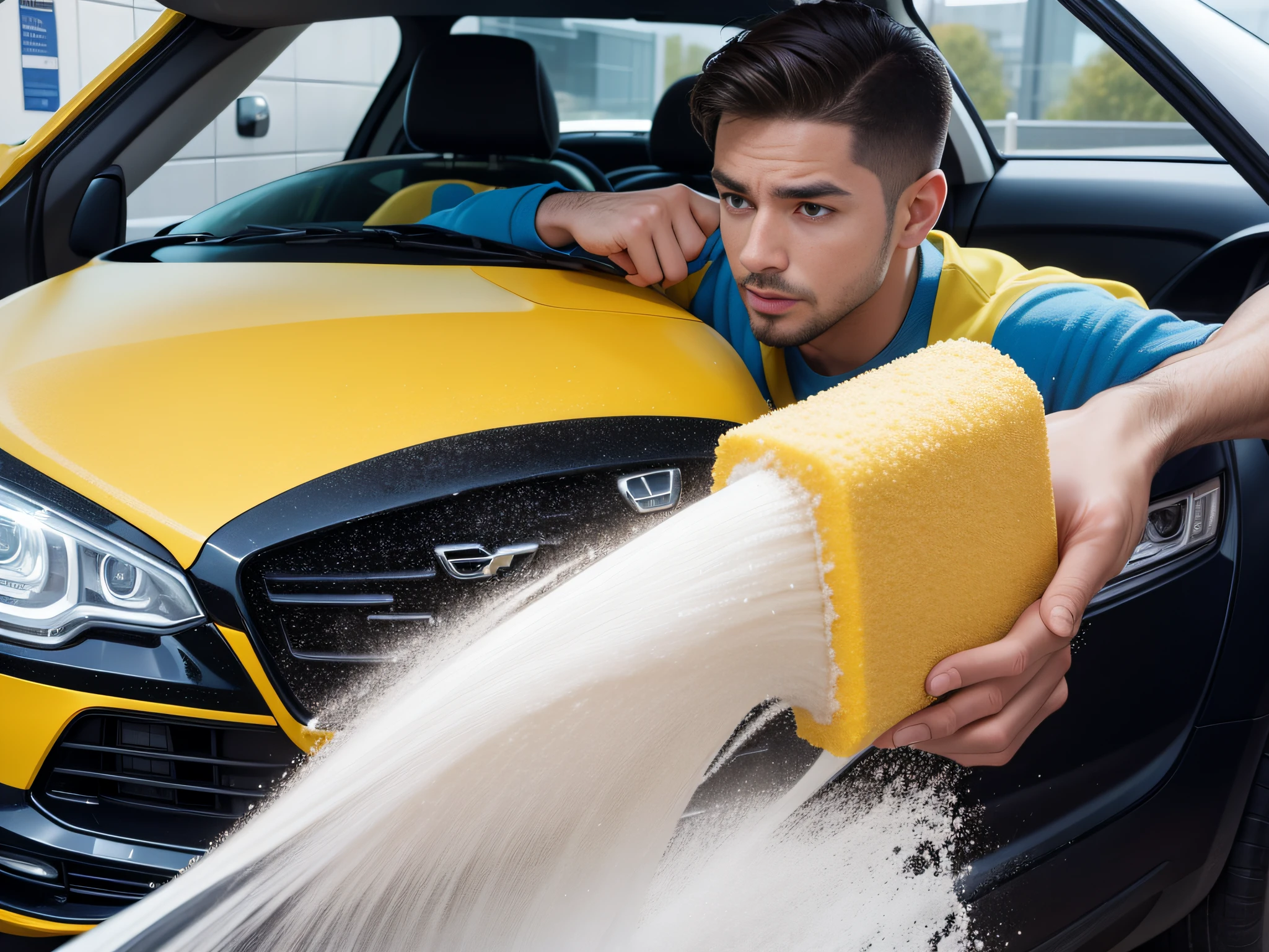 Photo of a man holding a sponge to foam a car，In the car wash，Detailed facial expressions，Rich scenes，sface focus