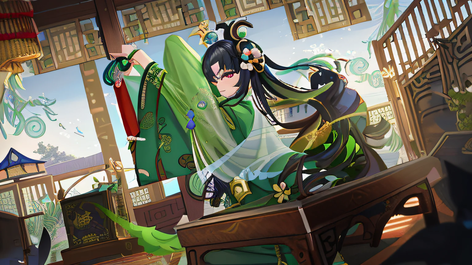 Anime girl in green dress holding fan in room, palace ， A girl in Hanfu, flowing hair and long robes, Keqing from Genshin Impact, heise jinyao, Inspired by Seki Dosheng, Onmyoji detailed art, Inspired by Shen Zhou, by Yang J, inspired by Ma Yuanyu, Inspired by Cao Zhibai