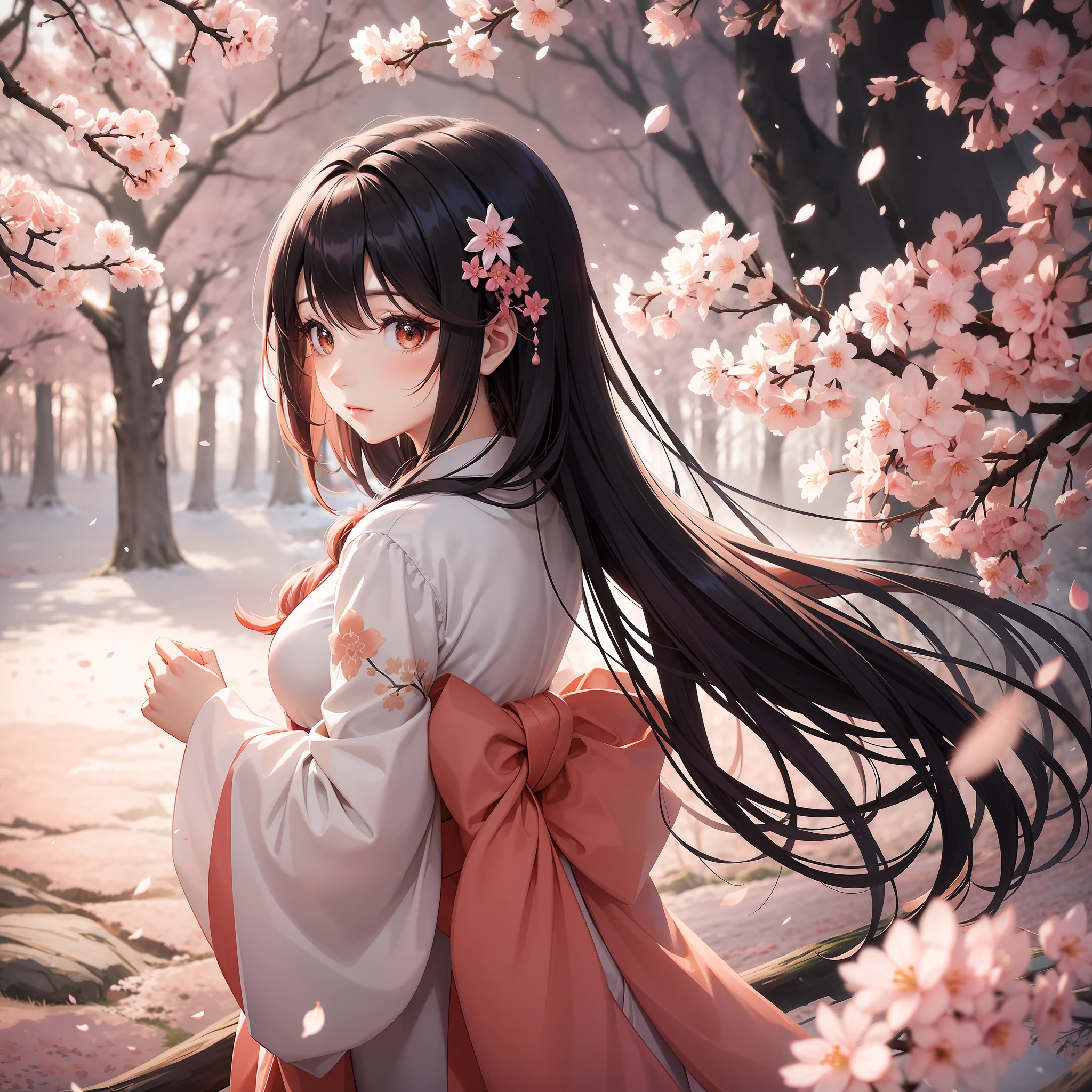In the ethereal glow of dusk, amidst a forest where cherry blossom petals gracefully danced in the air, the Sakura Goddess stood. Her hair was a striking contrast, with half of it in black and the other half in a beautiful shade of peach. Dressed in a peach and white kimono, her expression bore an unmistakable sadness.