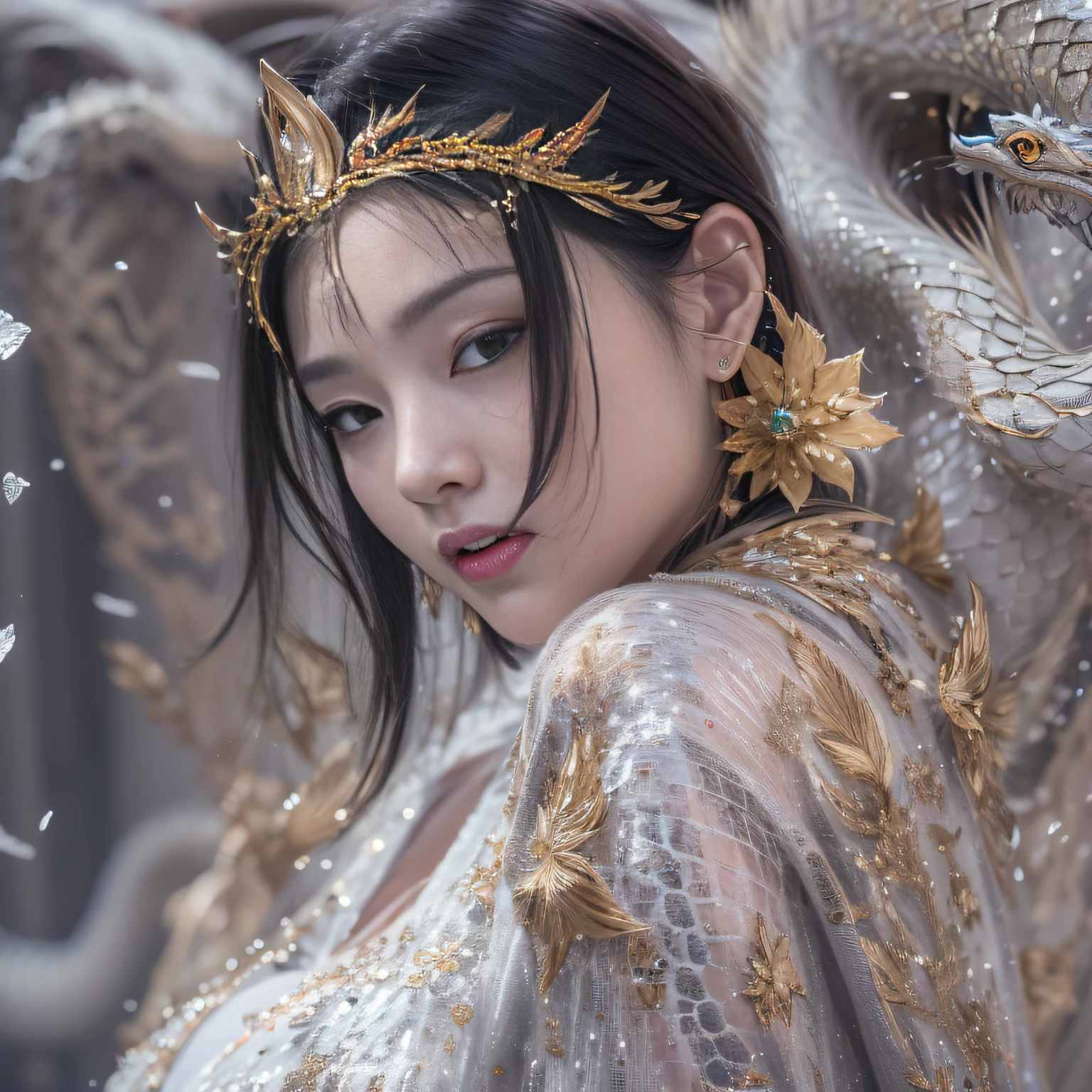 16k（tmasterpiece，k hd，hyper HD，16k）short detailed hair，Gold jewelry area in the back room，King Girl ，Silver Dragon Protector （realisticlying：1.4），Python pattern robe，Purple-pink tiara，Snowflakes fluttering，The background is pure，Hold your head high，Be proud，The nostrils look at people， A high resolution， the detail， RAW photogr， Sharp Re， Nikon D850 Film Stock Photo by Jefferies Lee 4 Kodak Portra 400 Camera F1.6 shots, Rich colors, ultra-realistic vivid textures, Dramatic lighting, Unreal Engine Art Station Trend, cinestir 800，Hold your head high，Be proud，The nostrils look at people