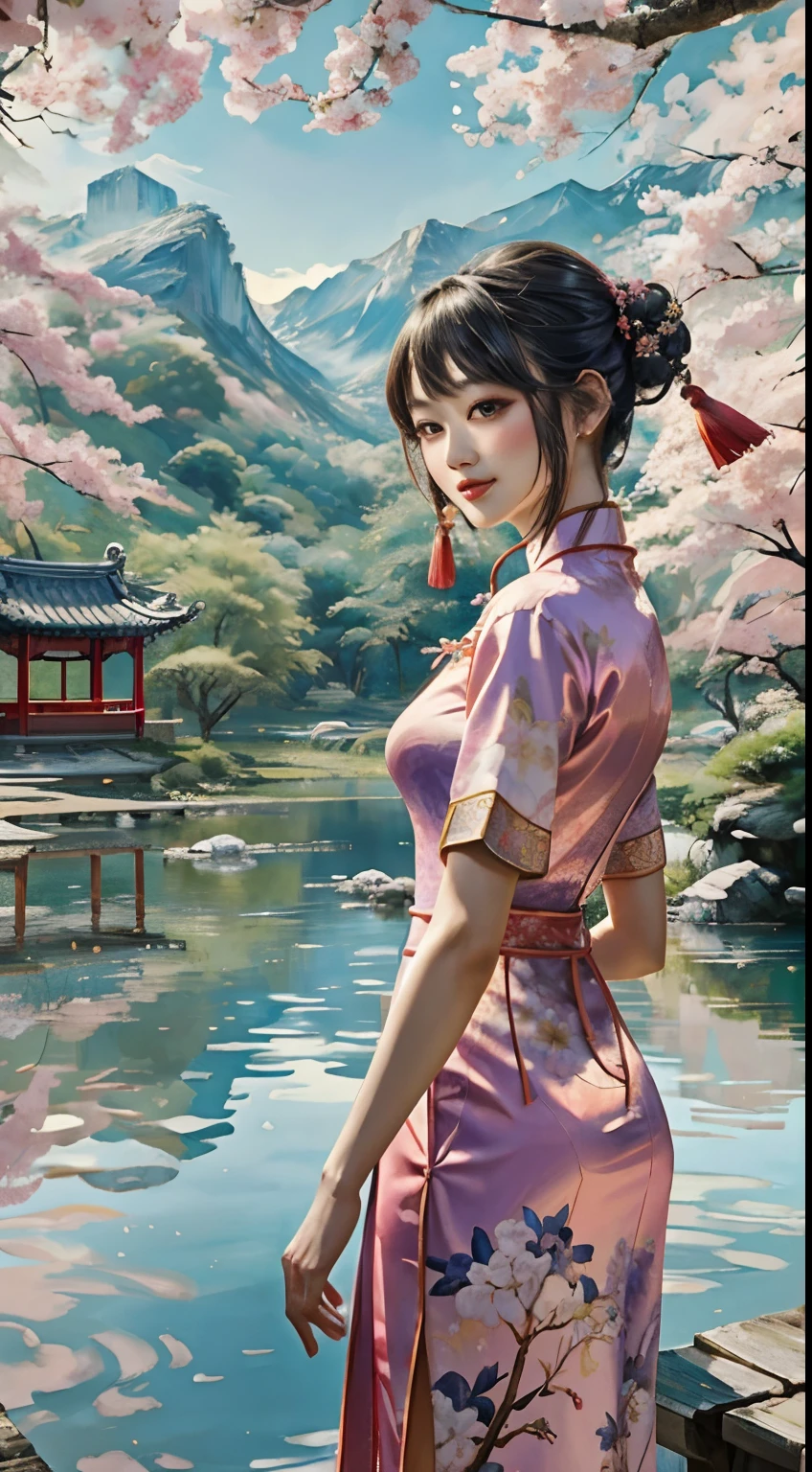 Chinese beauty standing by the river,中景 the scene is,(Wearing a gorgeous pink cheongsam:1.3),Lightweight and silky fabric((on cheongsam)),Flowing silk,(Detailed and perfect facial details),(Beautiful and affectionate eyes),Flowing silky hair,Pavilion,the trees,Flying birds,The vista is mountains,(Ink painting style),Clean colors,Decisive cut,Leave white space,impressionistic,tmasterpiece,(8k wallpaper),(Extremely meticulous and perfectly detailed painting),Epic composition,high high quality,HighestQuali,Master works of painting,realisticlying,Inspired by:《Suzhou Garden》,Ray