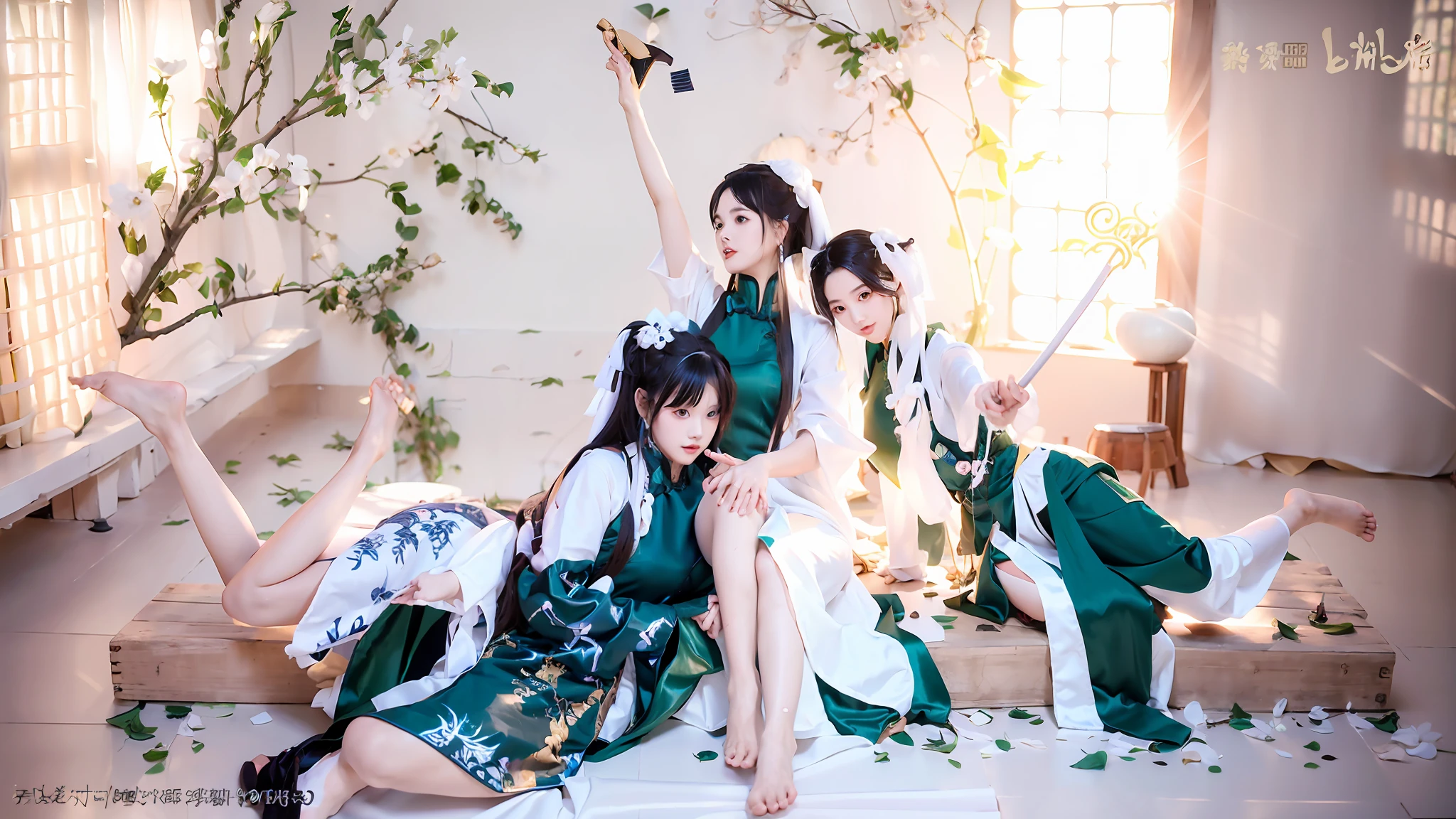 (jade foot,xianxia fantasy,White Hanfu, fantasy photoshoot, the feet, shaxi, inspired by Chen Yifei, triad of muses, Ancient Chinese clothes, swordsmen, full-body wuxia, bare-legged)
